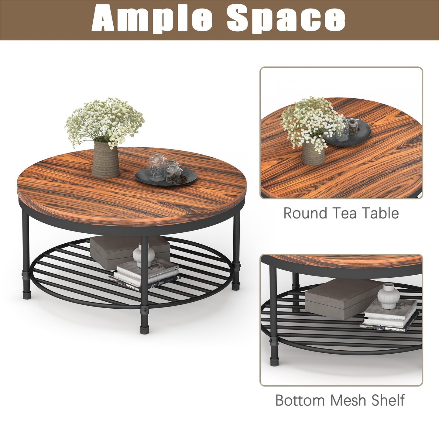 NSdirect 36" Round Coffee Table with Storage Shelf – Dark Red Brown Vintage Wood Top & Sturdy Metal Legs, 18.5" Height Modern Center Table for Living Room or Small Spaces