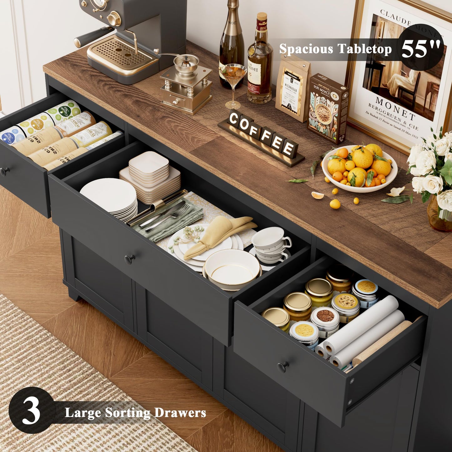 **HIFIT 55" Large Kitchen Buffet Cabinet with Storage, Farmhouse Sideboard with Drawers, Doors, and Shelves, Wood Coffee Bar Cabinet for Kitchen, Dining, or Living Room, Black**