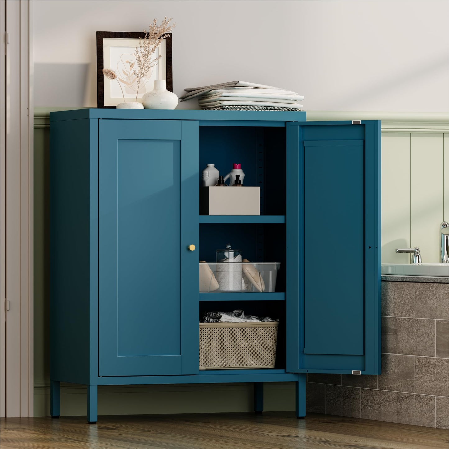 Metal Bathroom Storage Cabinet with 2 Doors and 2 Adjustable Shelves, Freestanding Sideboard for Small Spaces, Living Room, Home Office, or Dining Room