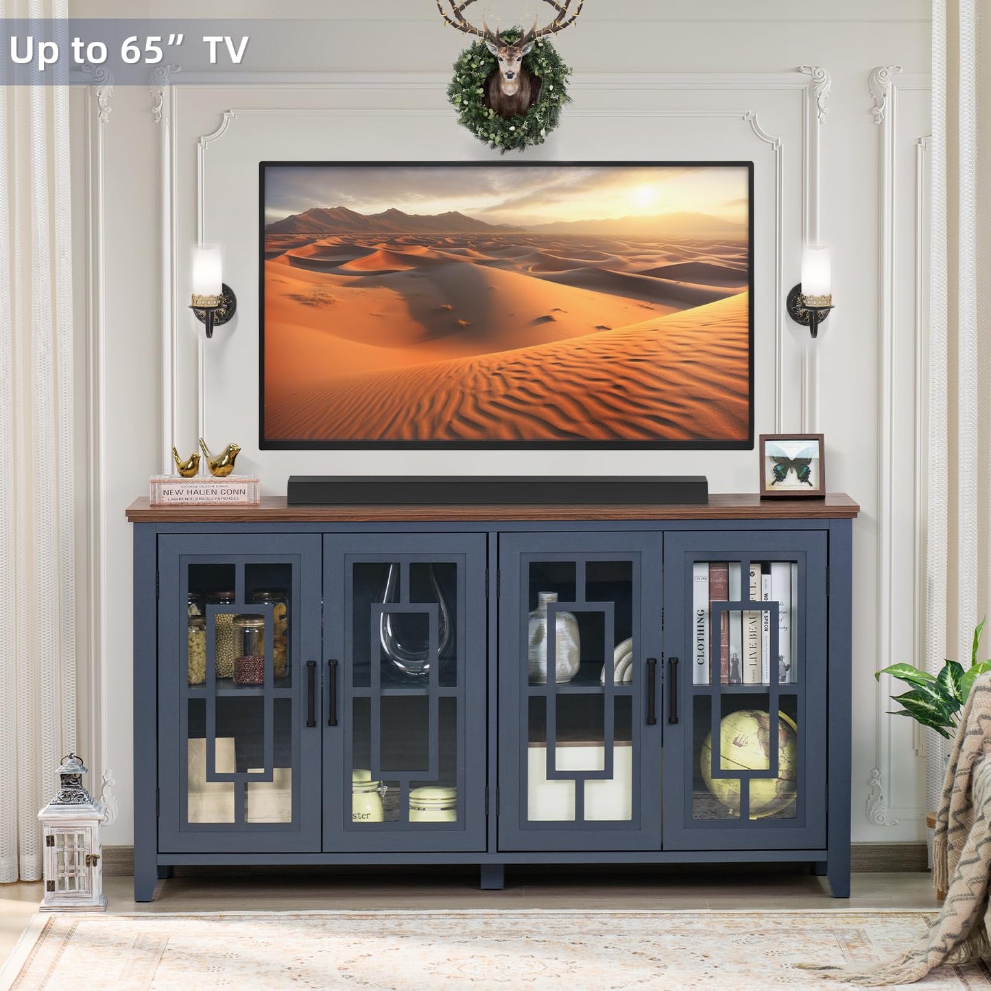 **63" Large Farmhouse Sideboard Buffet Cabinet with Storage, Navy Blue Wood Coffee & Wine Bar Cabinet with 4 Glass Doors, Mid-Century Modern Sideboard for Dining Room or Living Room**