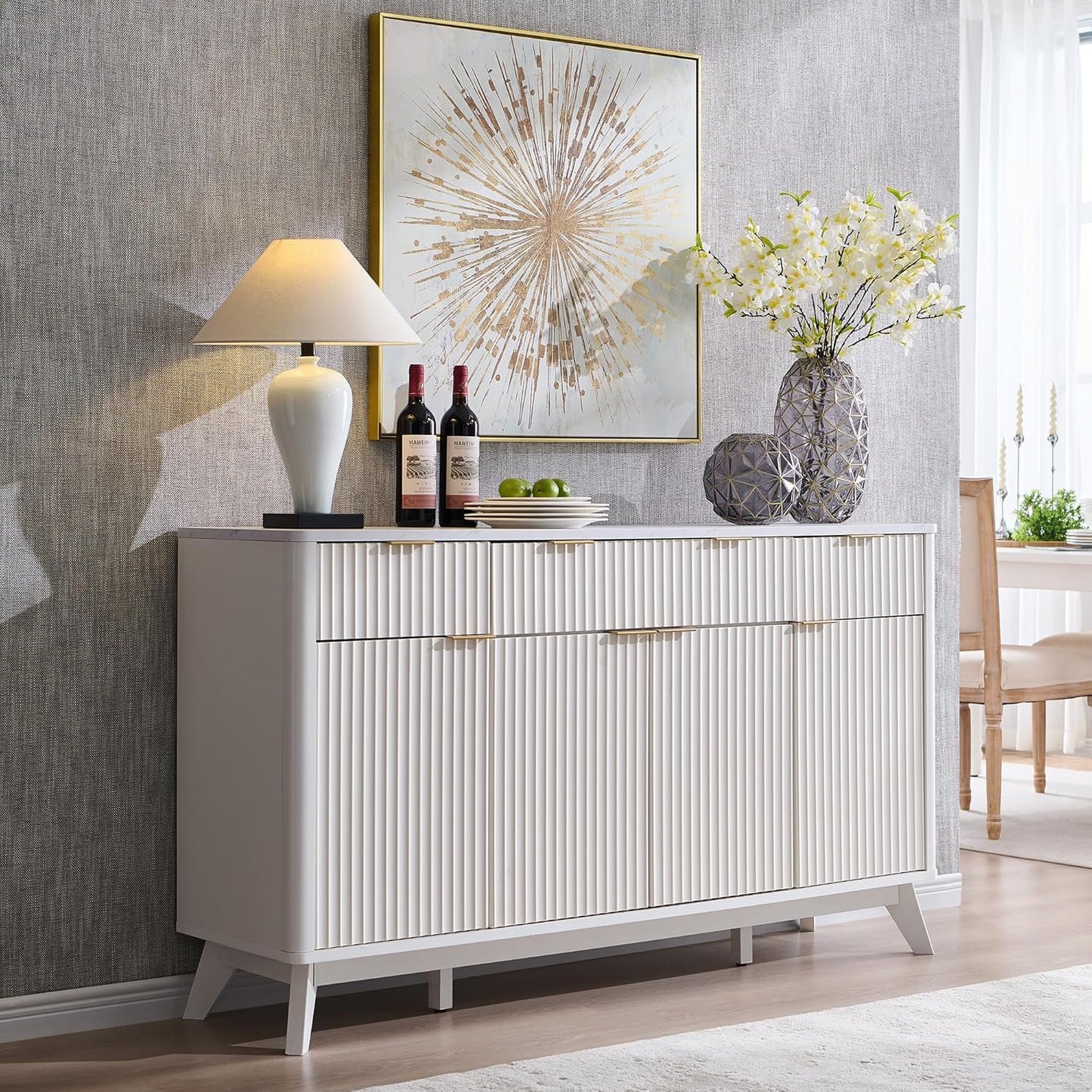 **T4TREAM 60" Fluted Modern Buffet Sideboard Cabinet with Storage, Large Buffet Table with 3 Drawers & 4 Doors for Dining Room, Living Room, or Hallway, Solid White**