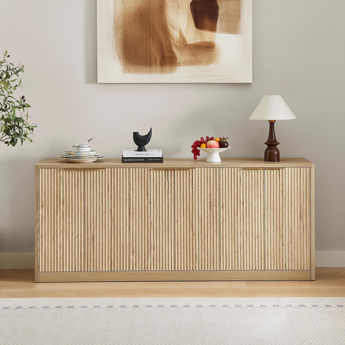 67" Fluted Oak Buffet Cabinet Sideboard with 6 Doors, Large Wood Mid-Century Modern Credenza Storage for Kitchen and Living Room