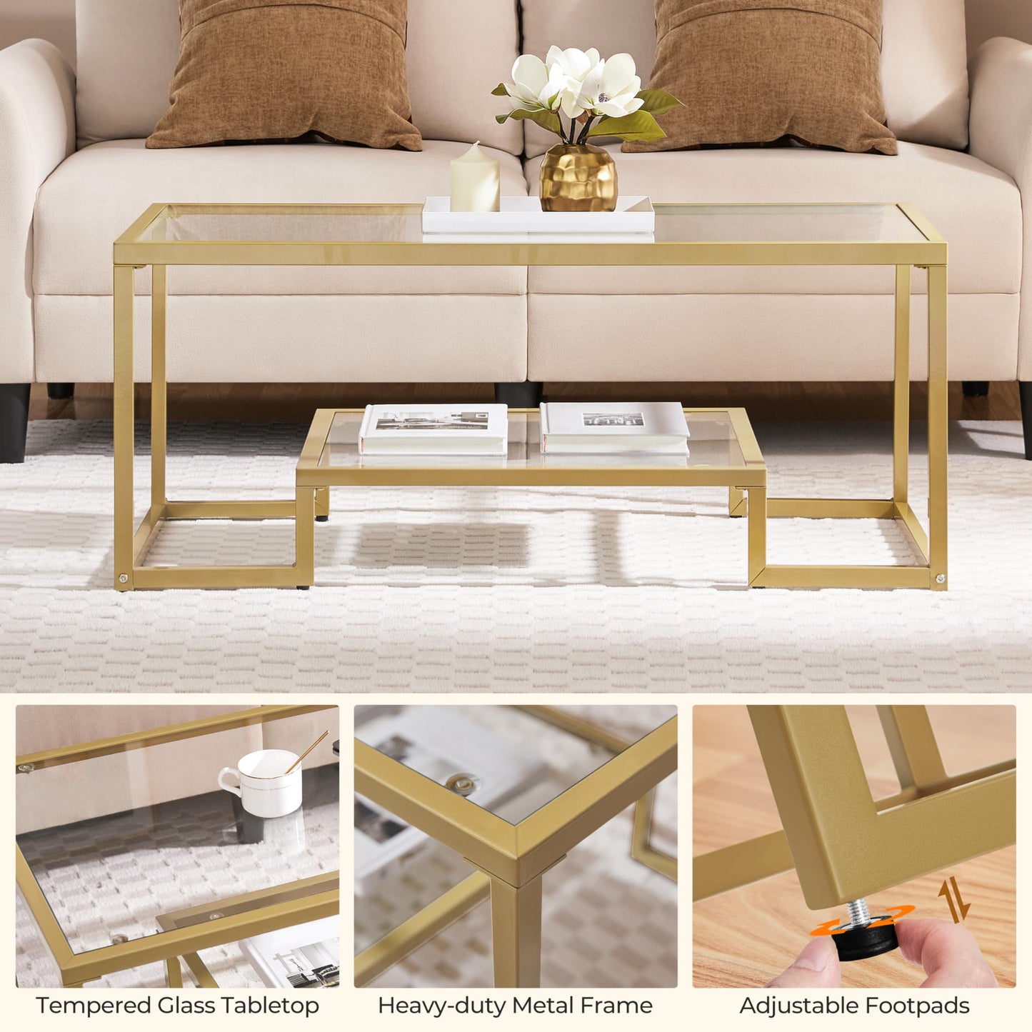 42" Rectangular Glass Coffee Table with Gold Metal Frame, 2-Tier Center Table for Living Room, Office, or Small Spaces