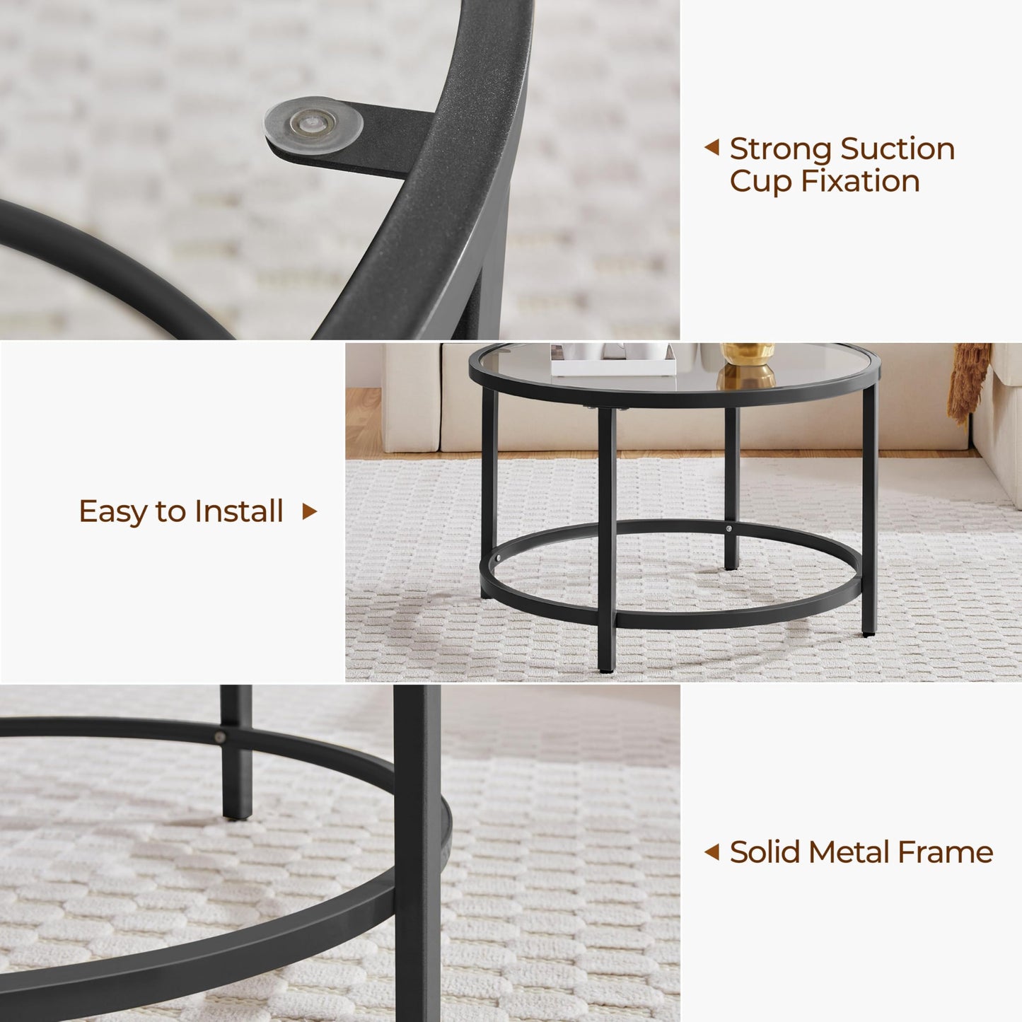 27.6" Round Glass Coffee Table with Black Metal Frame for Living Room, Office, or Apartment