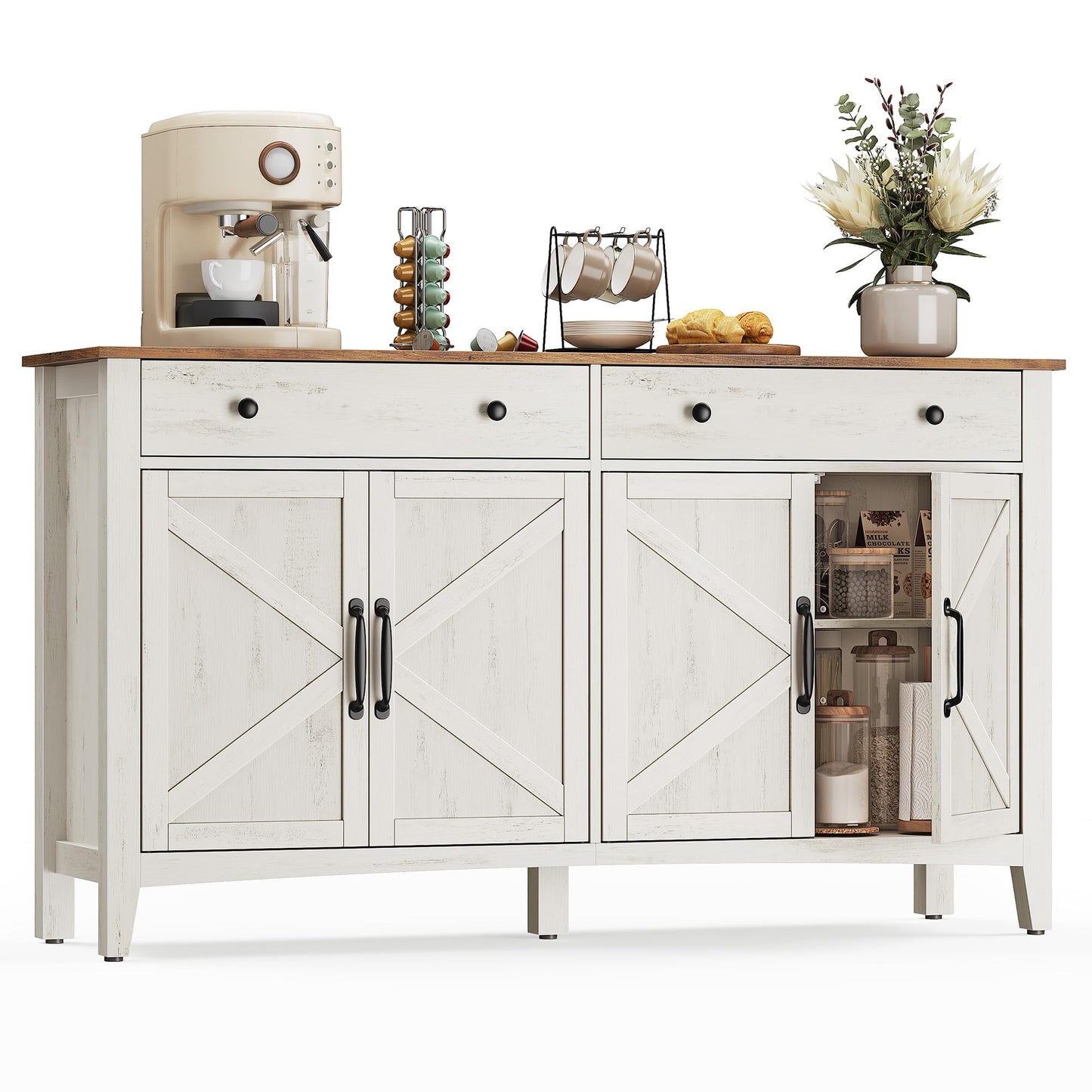 **Buffet Cabinet, Coffee Bar Cabinet with 2 Drawers, Adjustable Shelves, Sideboard Storage with Cable Holes and Drawer Dividers, Rustic White and Honey Brown**