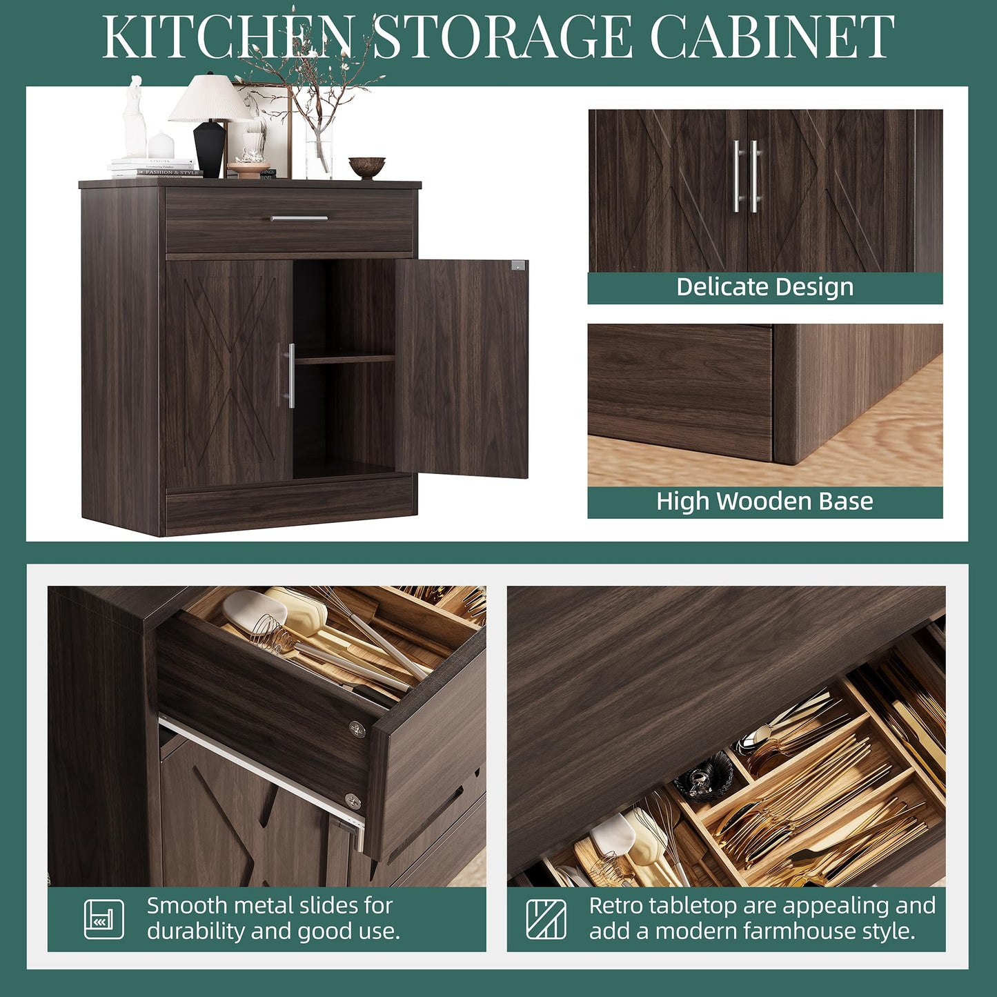 **Shintenchi Farmhouse Storage Cabinet with Doors, Shelves, and Drawers, Kitchen Barn Door Coffee Bar Sideboard for Dining Room, Living Room, Bathroom, or Entryway, Dark Brown**