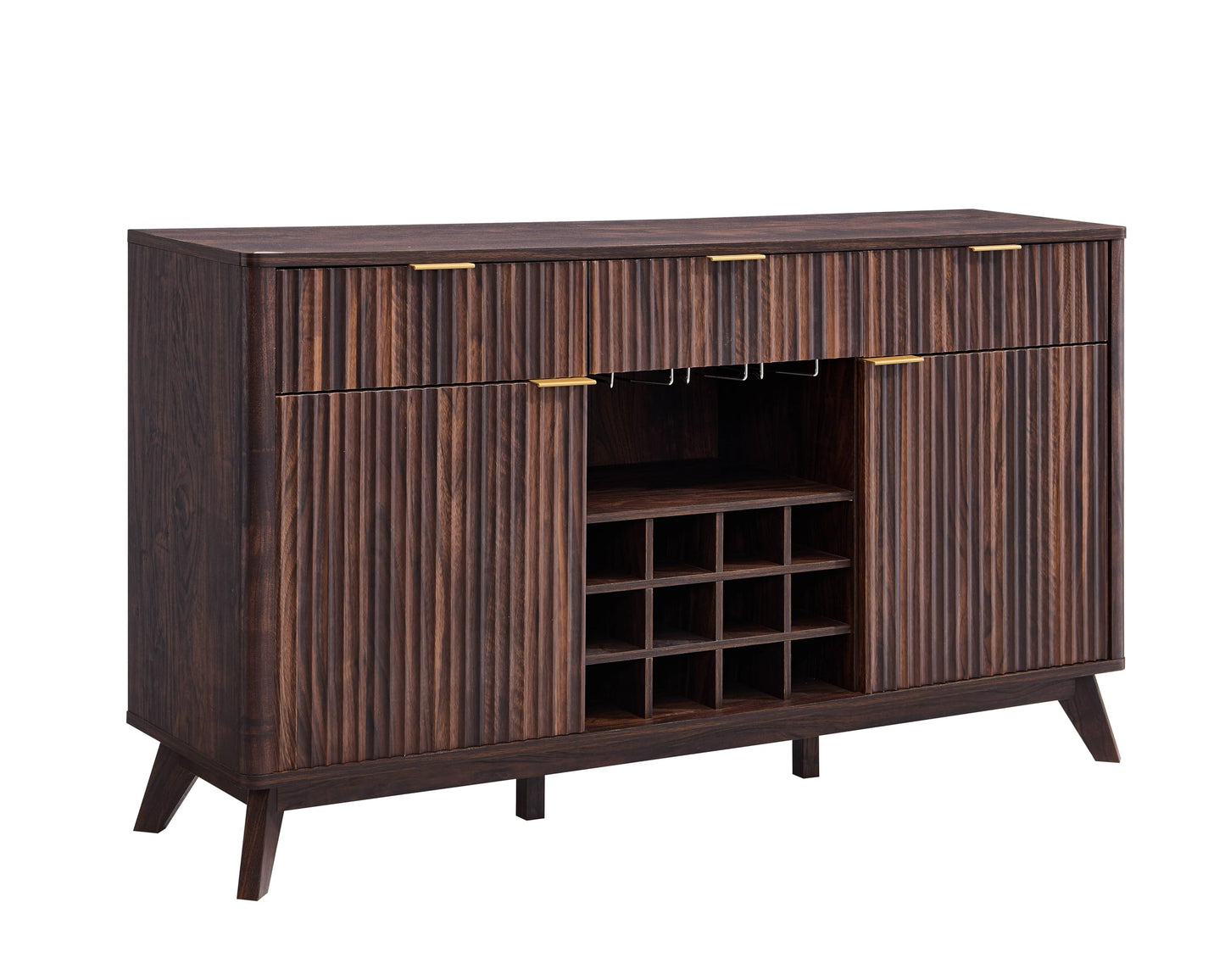 60" Fluted Buffet Cabinet with 3 Drawers and 2 Doors, Modern Wine and Coffee Bar Sideboard with Wine and Glass Racks, Adjustable Shelves for Kitchen or Dining, Walnut