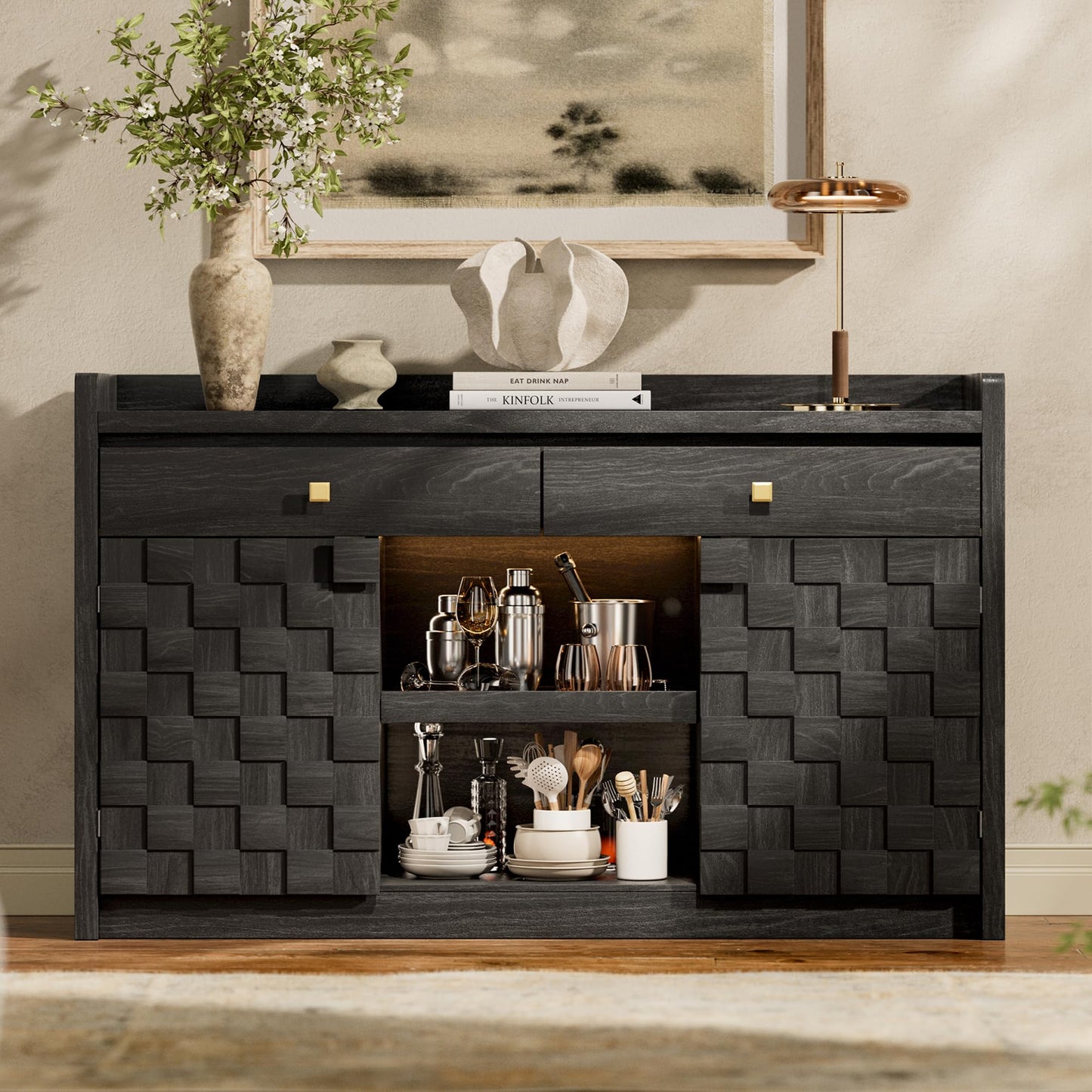 55" Fluted Sideboard Buffet Cabinet with Charging Station and LED Light, 2 Drawers, Pull-Out Shelf, and Spice Rack, Modern Kitchen Storage, Black Oak