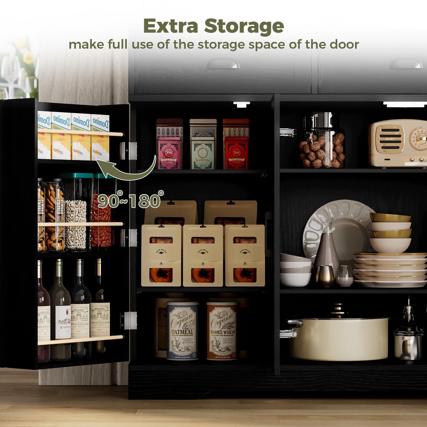 Buffet Cabinet with 4 Doors, 3 Drawers, and 6 Adjustable Shelves, Modern Sideboard Coffee Bar Storage for Kitchen or Dining Room, Black