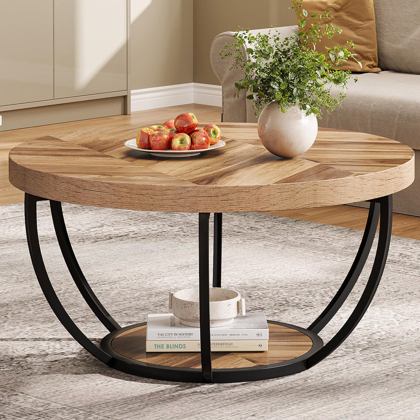 Tribesigns 31.7" Round Industrial Coffee Table, 2-Tier Wood and Black Metal Accent Center Table with Storage Shelves for Living Room or Home Office, Easy Assembly