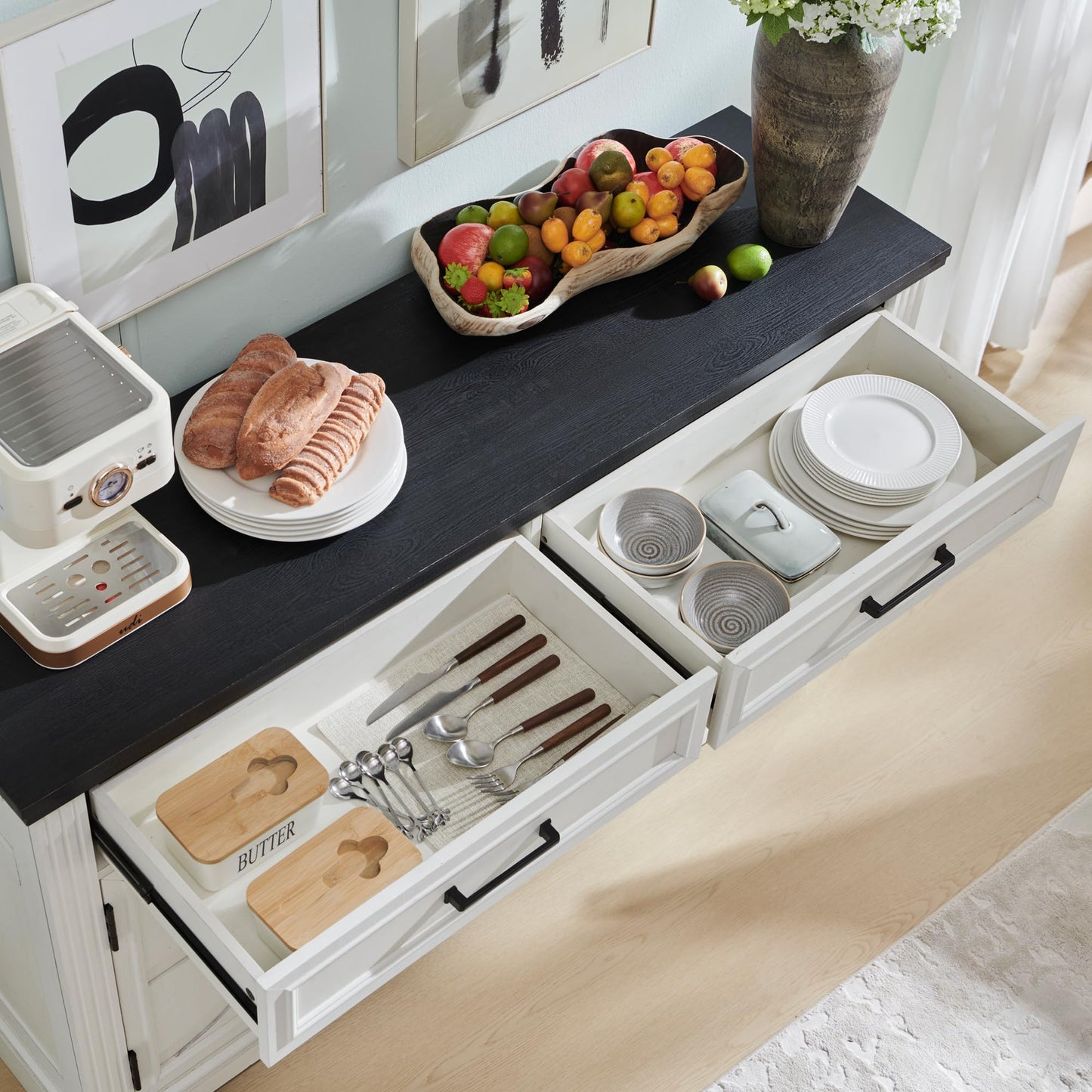 55" Large Buffet Sideboard Cabinet with 3 Doors and 2 Drawers, Storage Buffet Table for Dining or Living Room, Off White