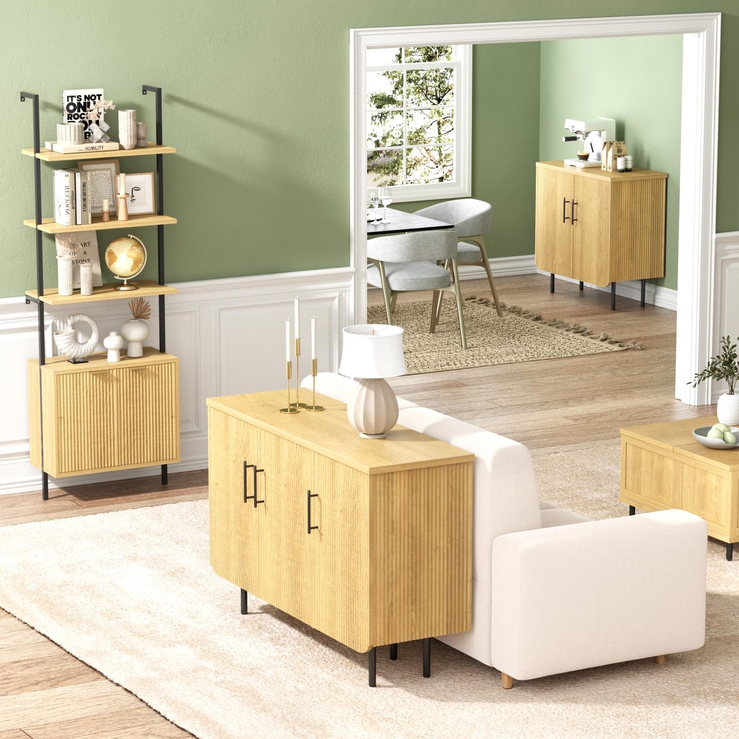 Buffet Cabinet with 2 Doors and Adjustable Shelf, Fluted Modern Sideboard Accent Cabinet for Living Room, Natural