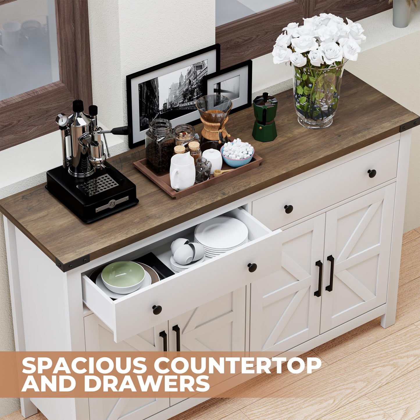 55" Modern Farmhouse Sideboard Buffet Cabinet with Storage, White Wood Coffee Bar Cabinet with 2 Drawers & 4 Barn Doors, Long Storage Cabinet for Kitchen, Dining Room & Living Room