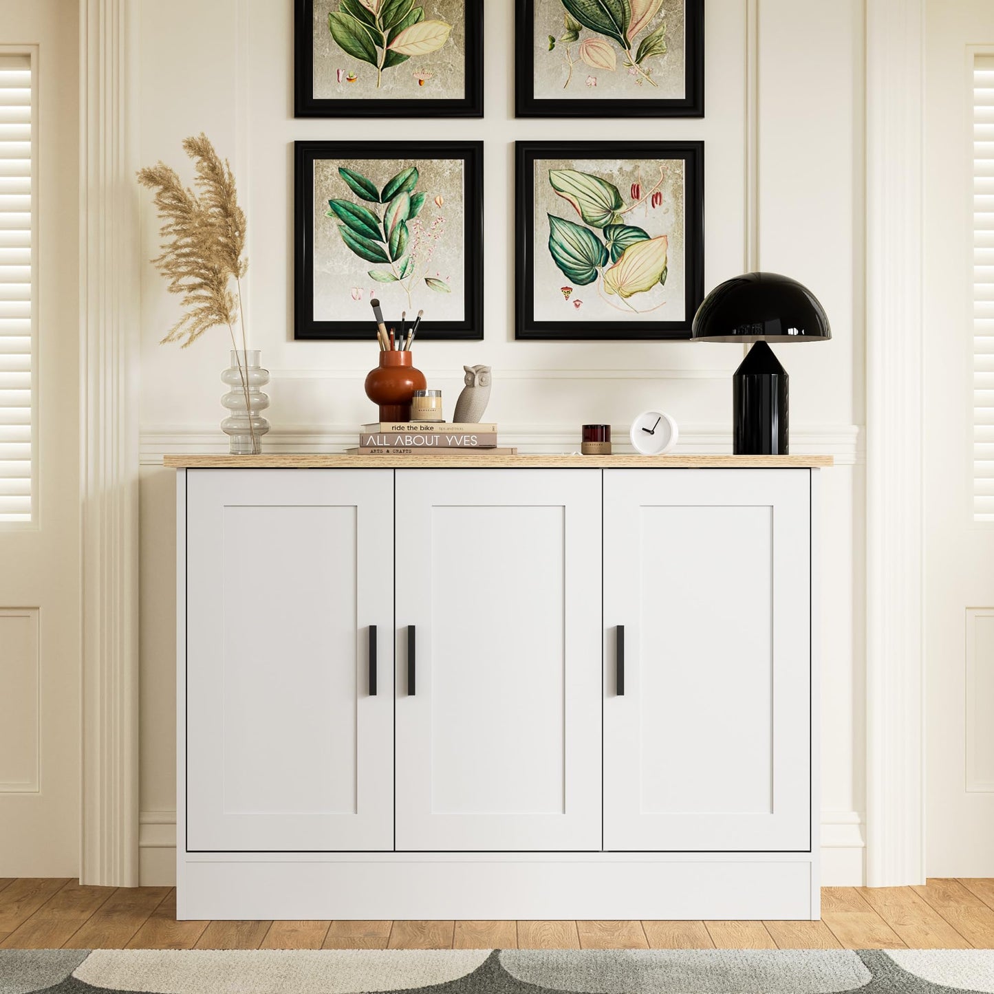 43" White Buffet Cabinet with 3 Doors and Adjustable Shelf, Modern Coffee Bar Sideboard for Kitchen or Living Room
