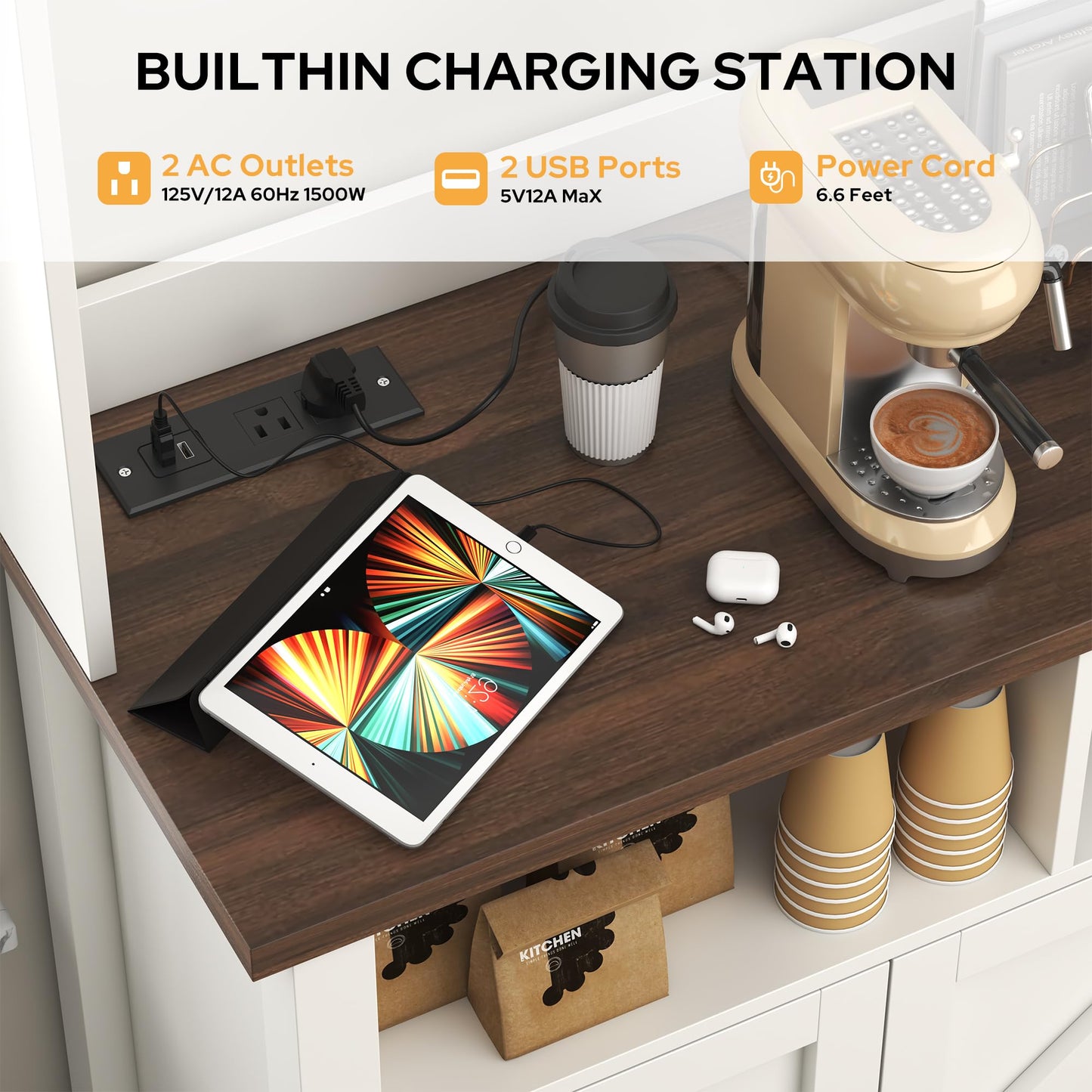 **Buffet Sideboard with Storage Hutch, 4-Door Farmhouse Kitchen Cabinet with Power Outlets, Wood Coffee Bar Cabinet with Goblet Holder and Cup Hooks for Kitchen, Dining Room, or Entryway**