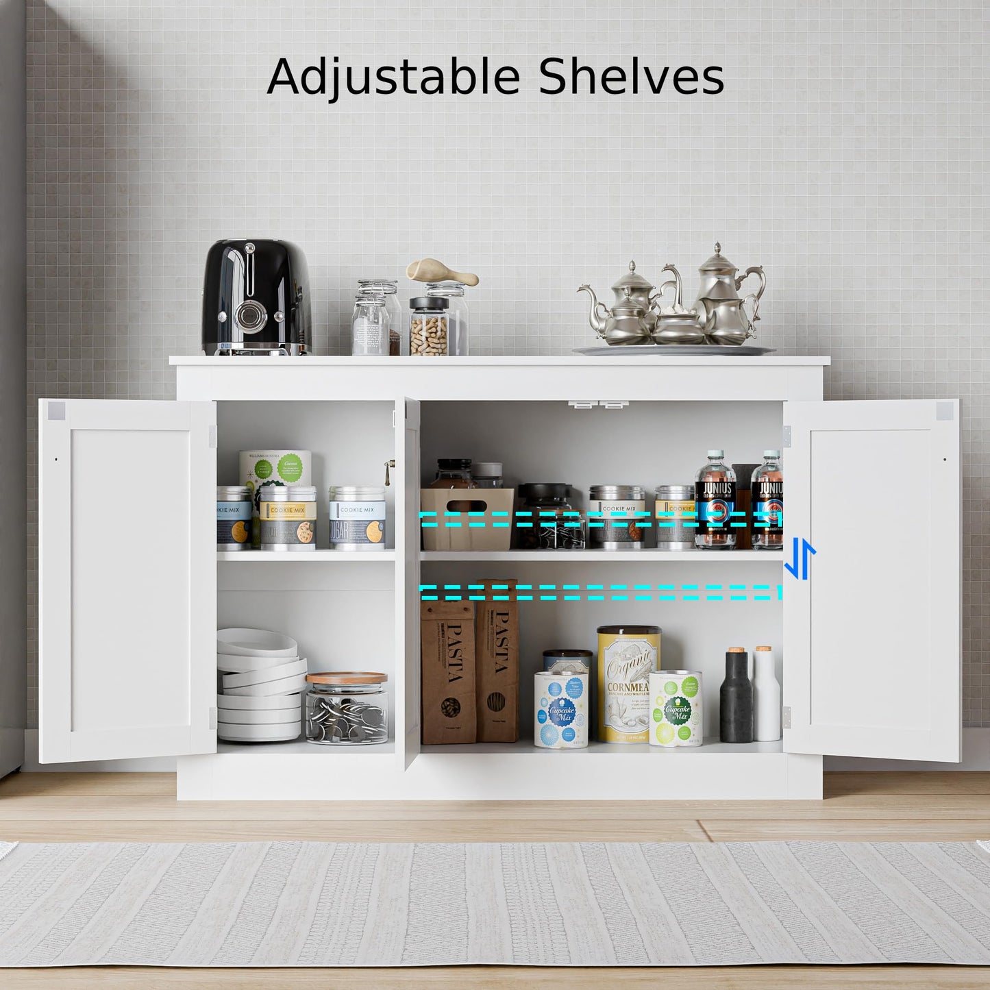 44.5" White Buffet Cabinet with Storage, Wood Console Table Coffee Bar Sideboard for Kitchen, Dining, Living Room, or Entryway