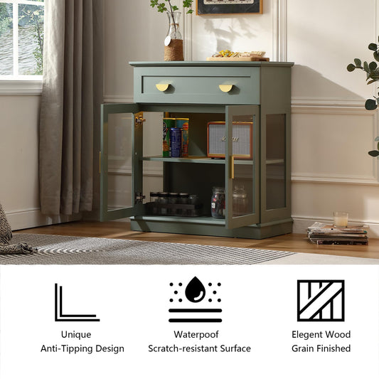 **31.5'' Small Buffet Cabinet with Glass Doors, Compact Coffee Bar Cabinet with Storage, Modern Sideboard Buffet with Adjustable Shelf and Drawer for Kitchen, Dining Room, and Living Room, Green**