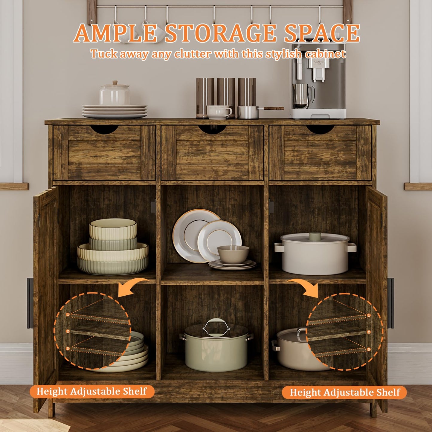 Storage Cabinet with 2 Doors, 3 Drawers, and 2 Adjustable Shelves, Coffee Bar Sideboard for Bathroom, Kitchen, or Living Room, Retro