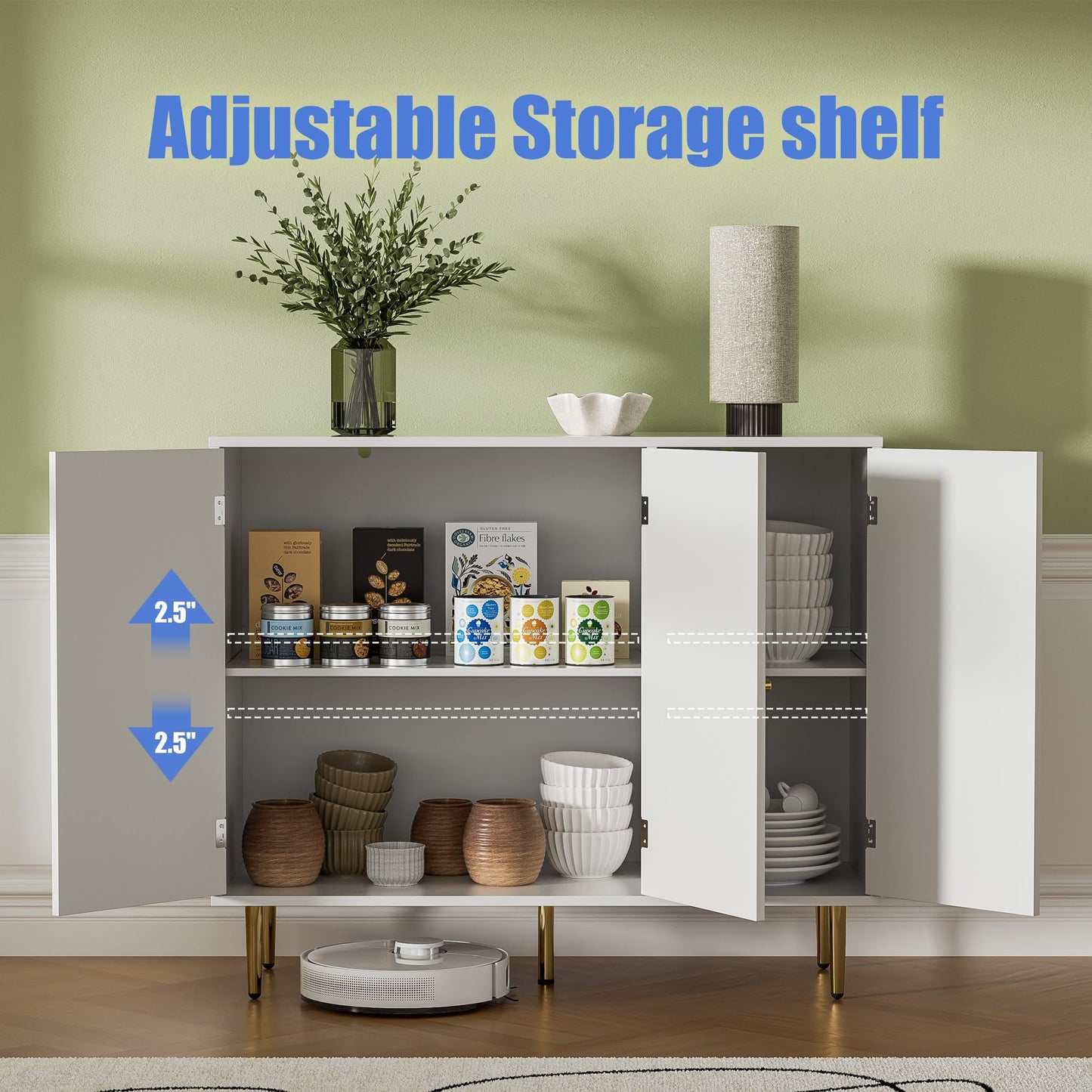 Set of 2 Sideboard Buffet Cabinets with 3 Doors and Adjustable Shelf, Arched Shaker Door Coffee Bar Storage for Living or Dining Room, White