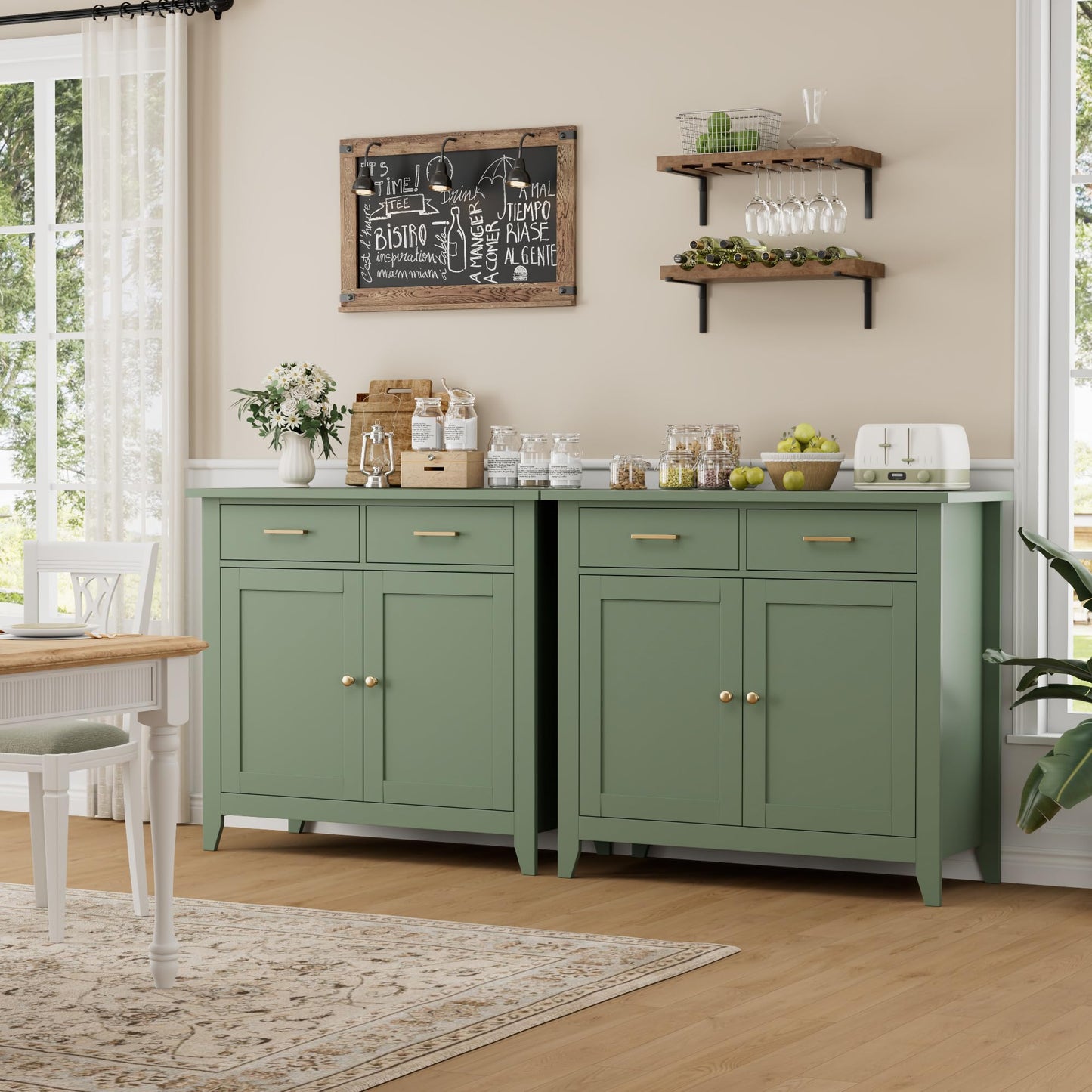 HORSTORS Modern Farmhouse Buffet Cabinet with Storage, Kitchen Sideboard Coffee Bar with 2 Drawers and 2 Doors, Floor Storage Cabinet for Living Room, Dining Room, or Bathroom, Green