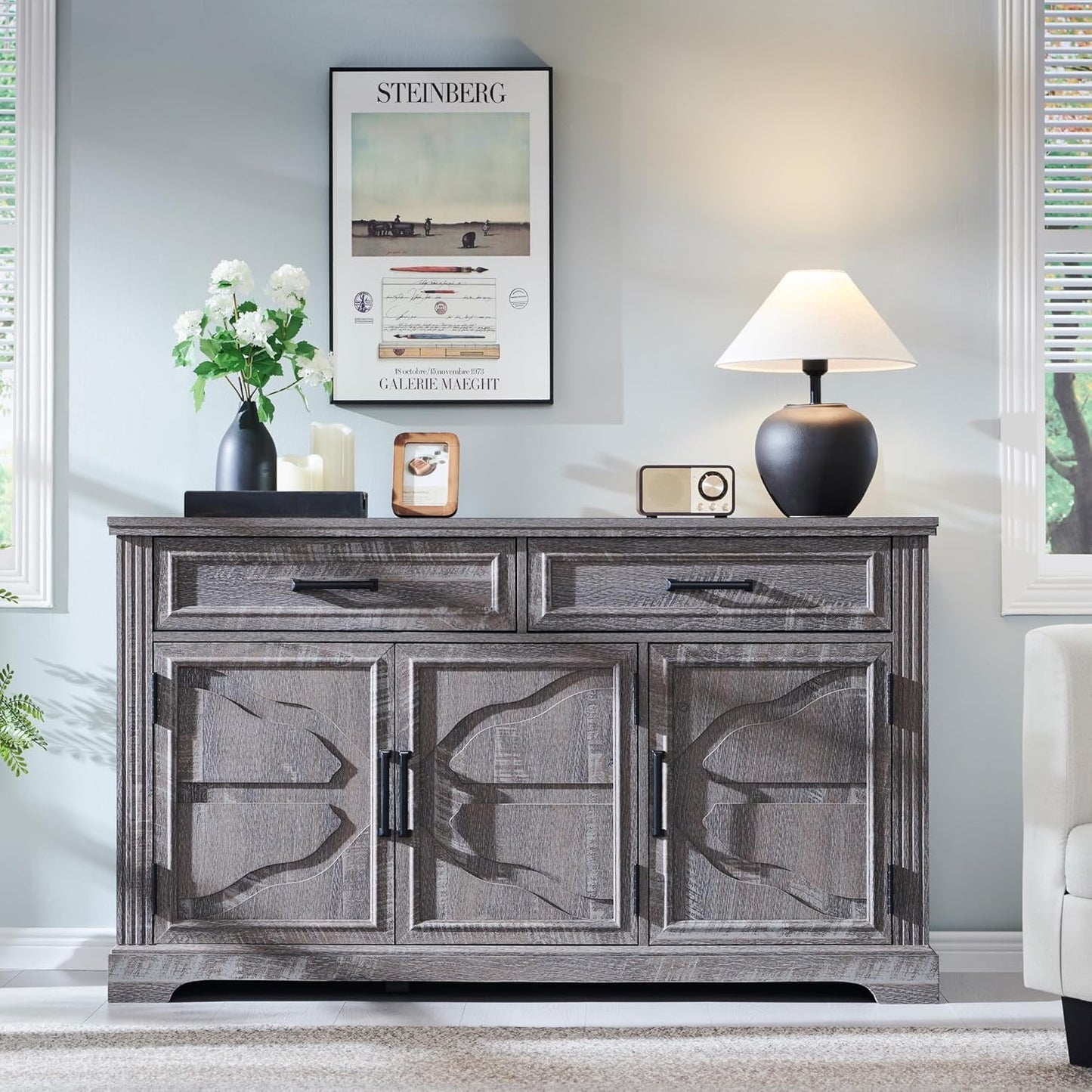 **55" Large Buffet Sideboard Cabinet with 3 Doors and 2 Drawers, Buffet Table Coffee Bar Wine Bar Storage Cabinet for Dining Room or Living Room, Dark Grey**