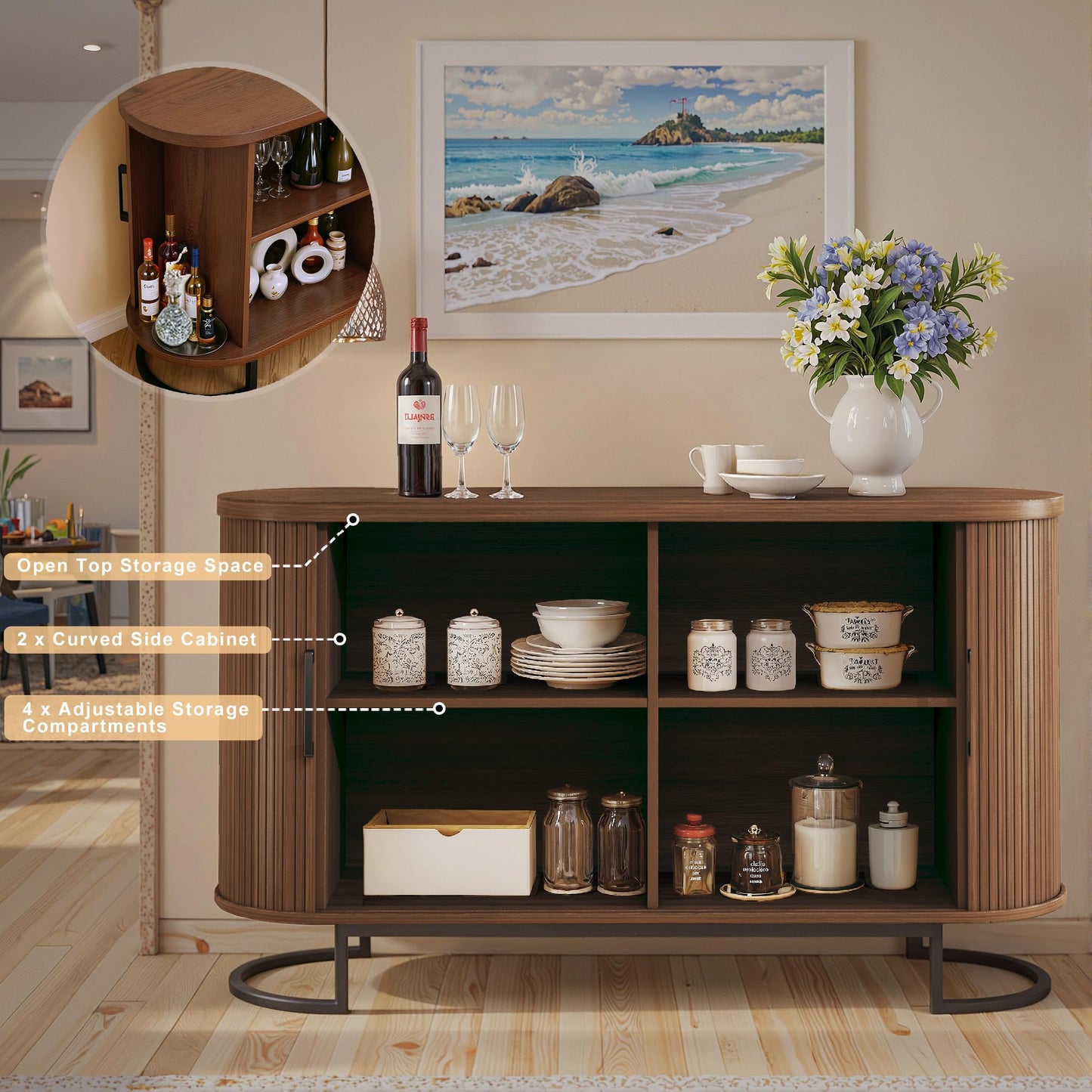 **54.3" Sideboard Buffet Cabinet with Storage, Sliding Door & Adjustable Shelf, Mid-Century Modern Coffee Bar Console Table for Kitchen and Entryway, Walnut**