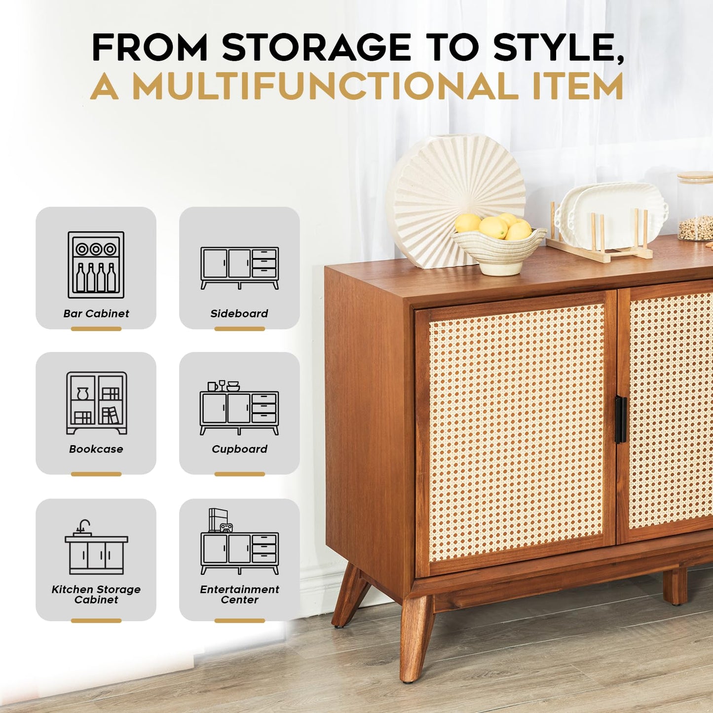 **58" Rattan Buffet Sideboard with 3 Drawers and 2 Doors, Pre-Assembled Accent Console Table for Living Room, Kitchen, or Dining, Dark Chocolate**