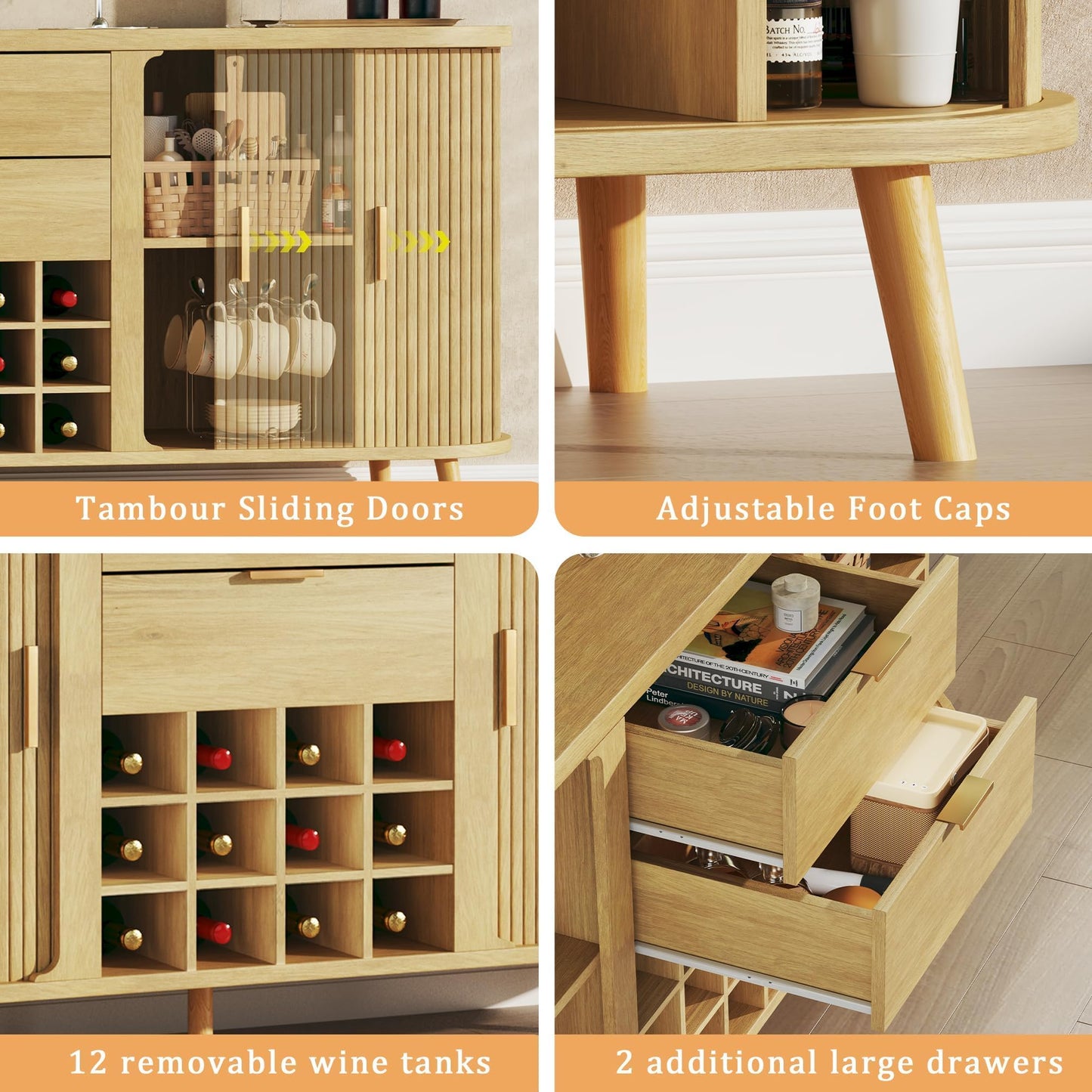 58" Fluted Buffet Cabinet with Drawers, Adjustable Shelves, and 12 Wine Racks, Mid-Century Modern Sideboard for Kitchen or Living Room, Natural Oak