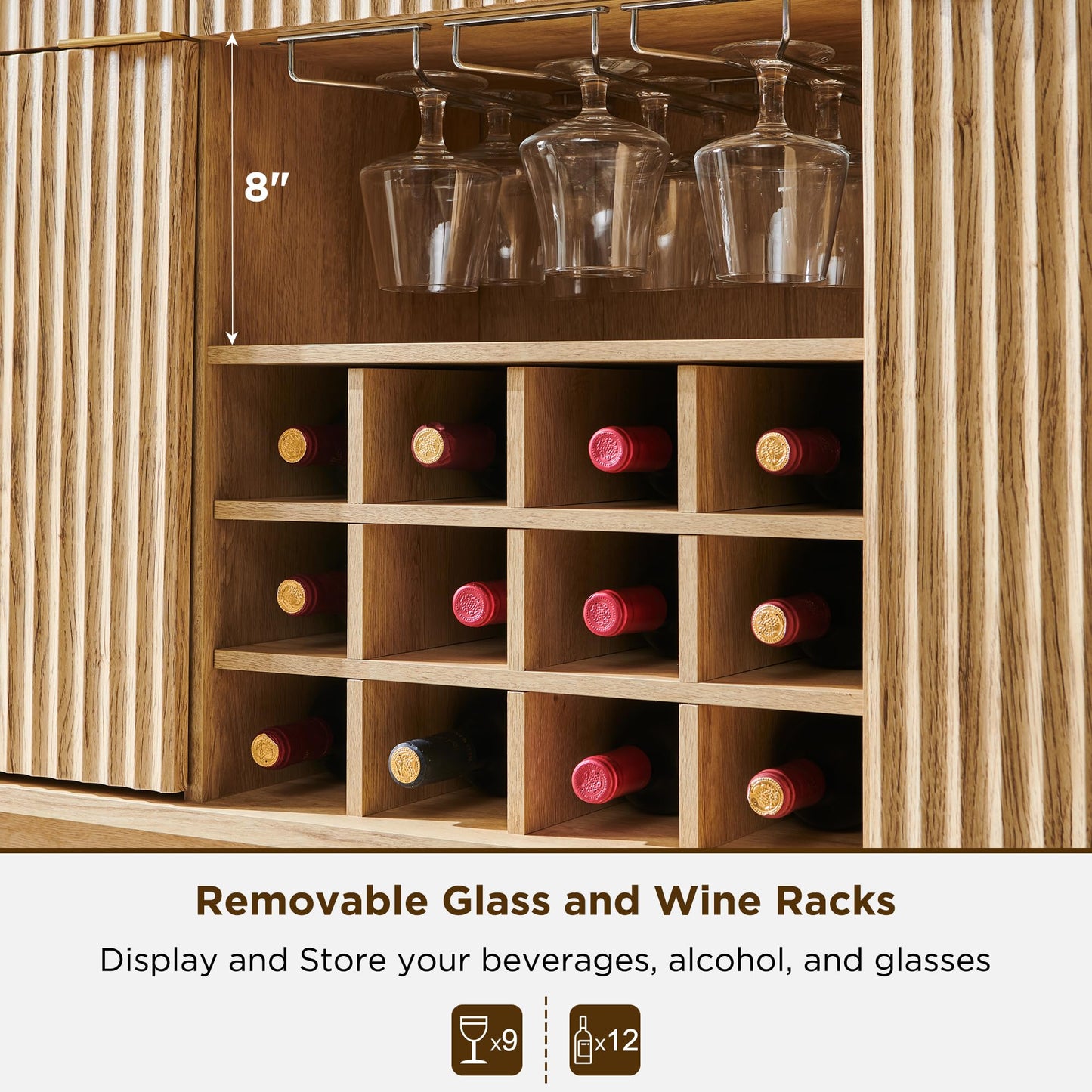 60" Fluted Buffet Cabinet with 3 Drawers and 2 Doors, Modern Wine and Coffee Bar Sideboard with Wine and Glass Racks, Adjustable Shelves for Kitchen or Dining, Natural Oak