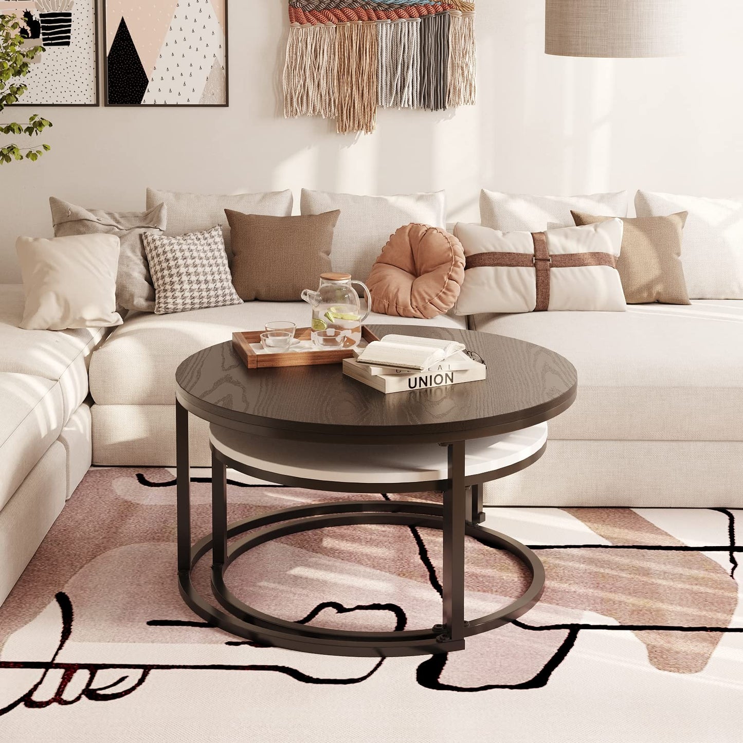 WiberWi Round Nesting Coffee Tables Set of 2 – Large Ø34", Small Ø26", Modern Metal Frame Side & End Tables for Living Room, Black & White