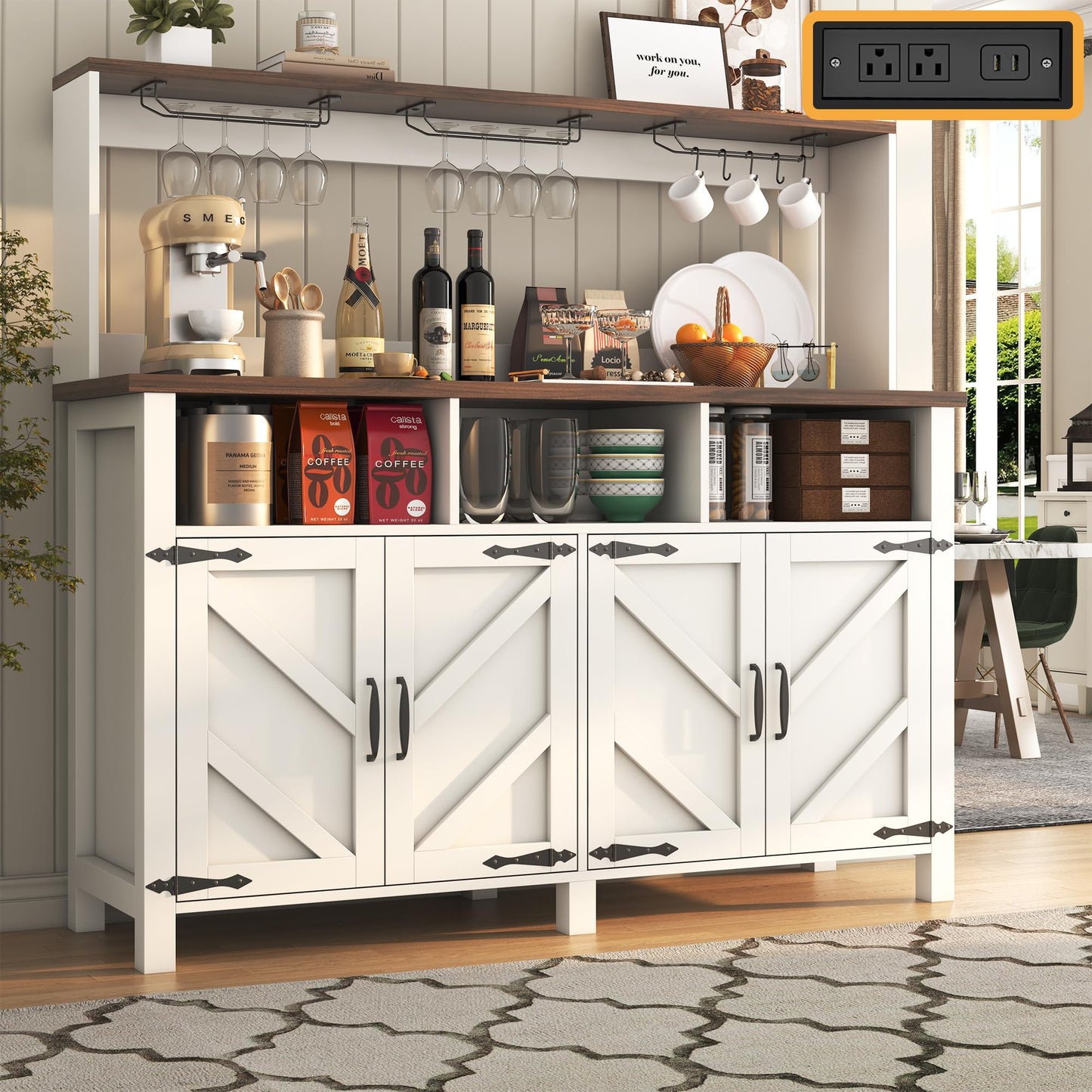 **Buffet Sideboard with Storage Hutch, 4-Door Farmhouse Kitchen Cabinet with Power Outlets, Wood Coffee Bar Cabinet with Goblet Holder and Cup Hooks for Kitchen, Dining Room, or Entryway**