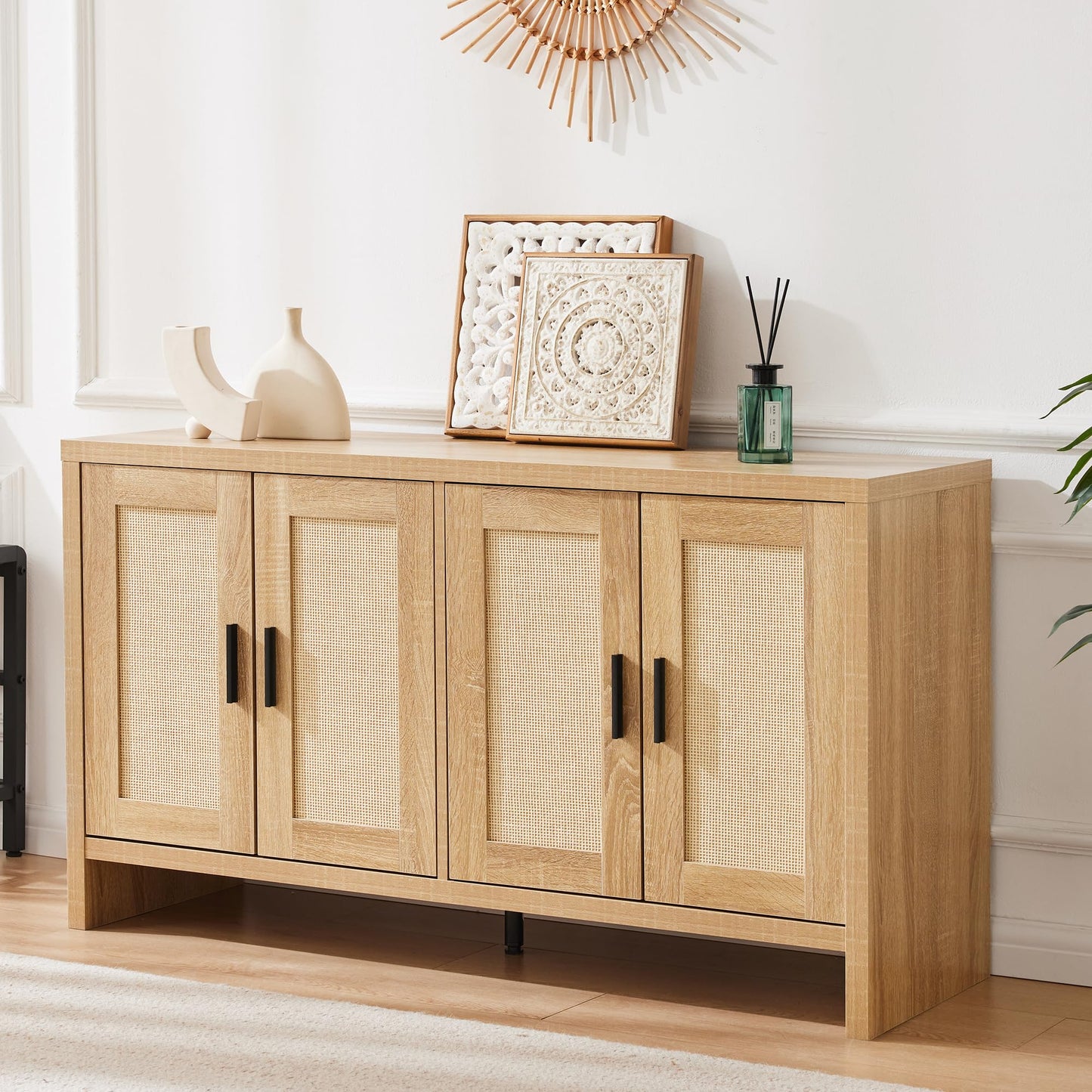 **Rattan Buffet Cabinet with Storage, Sideboard with Doors and Adjustable Shelves, Farmhouse Coffee Bar Station, Modern Wood Cupboard for Kitchen, Living Room, or Dining Room**