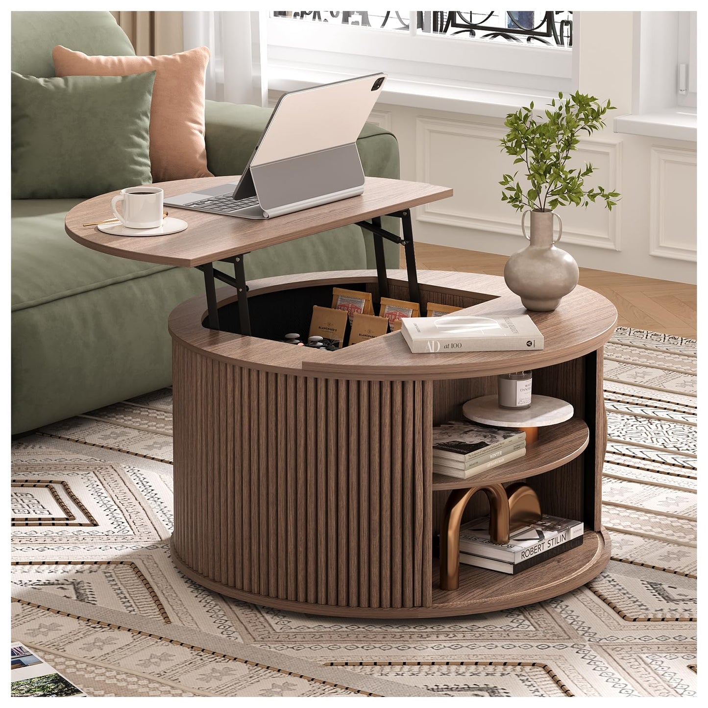 Round Coffee Table with Lift Top, 31.5" Mid-Century Modern Fluted Coffee Table with Hidden Storage Compartment, Small Center Table for Living Room, Walnut