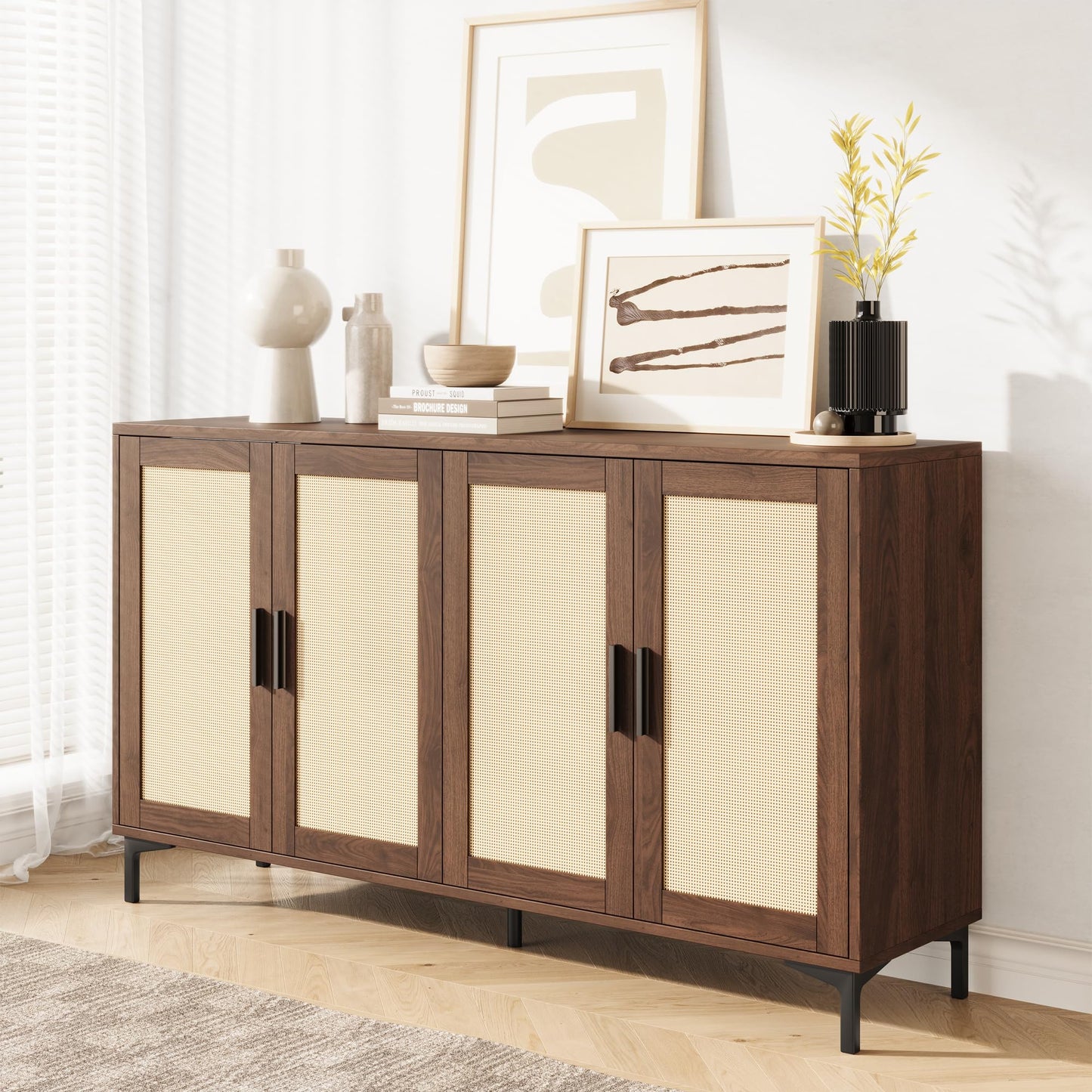 **JASIWAY Modern Rattan Sideboard Buffet Cabinet, 42"W x 34.66"H x 15"D, Brown, 4-Door Kitchen Buffet Cabinet with 3 Adjustable Shelves, Accent Storage for Dining Room and Living Room**
