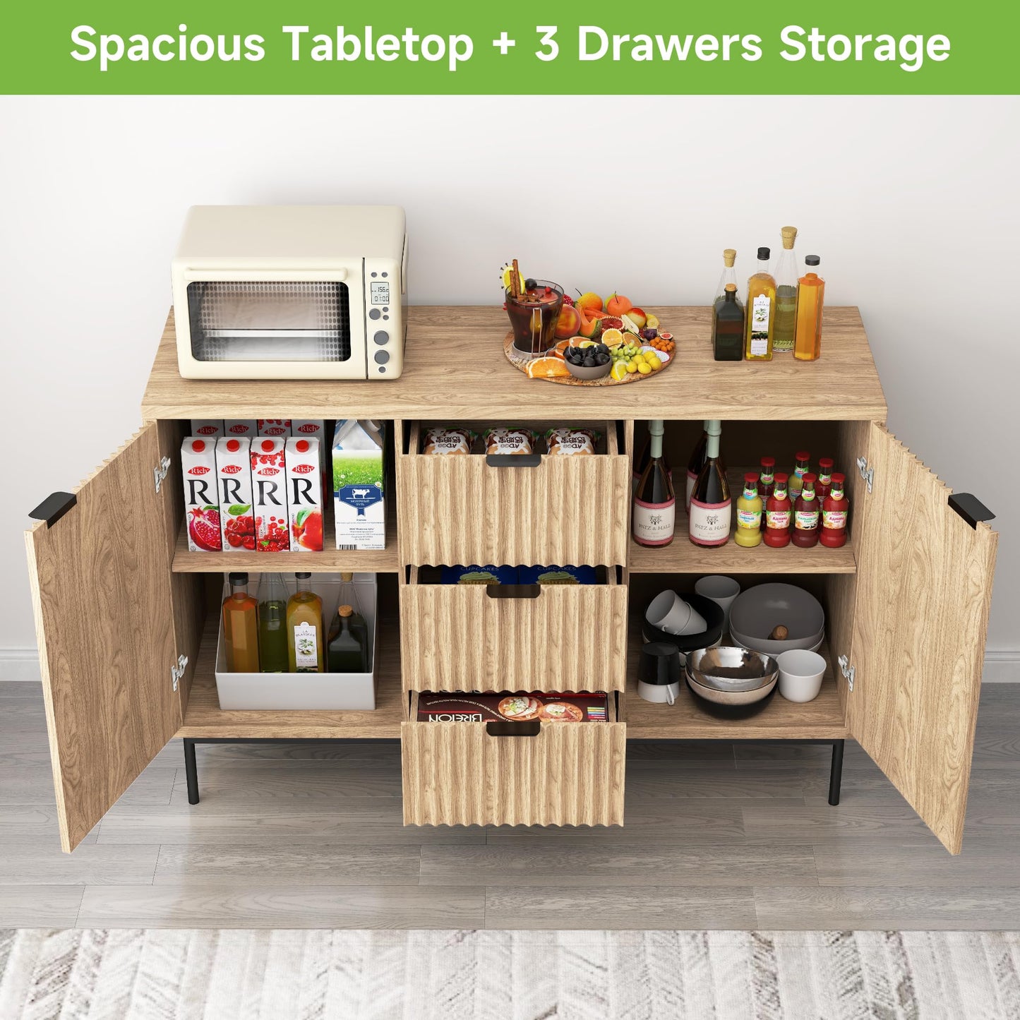 **Real Relax Sideboard Buffet Cabinet with Storage, Modern Fluted Sideboard with 2 Doors and 3 Drawers, Coffee Bar Accent Storage Credenza for Kitchen, Dining Room, and Living Room, Oak**