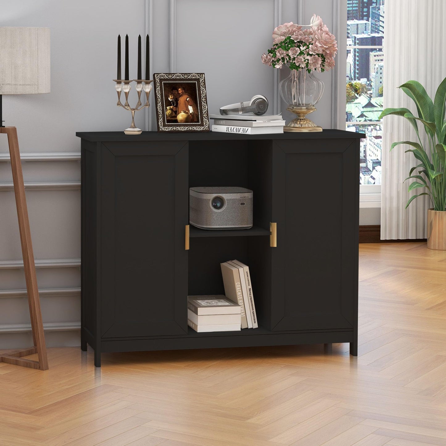 White Buffet Cabinet with Storage, Modern Wooden Narrow Sideboard Credenza with Doors for Entryway or Living Room