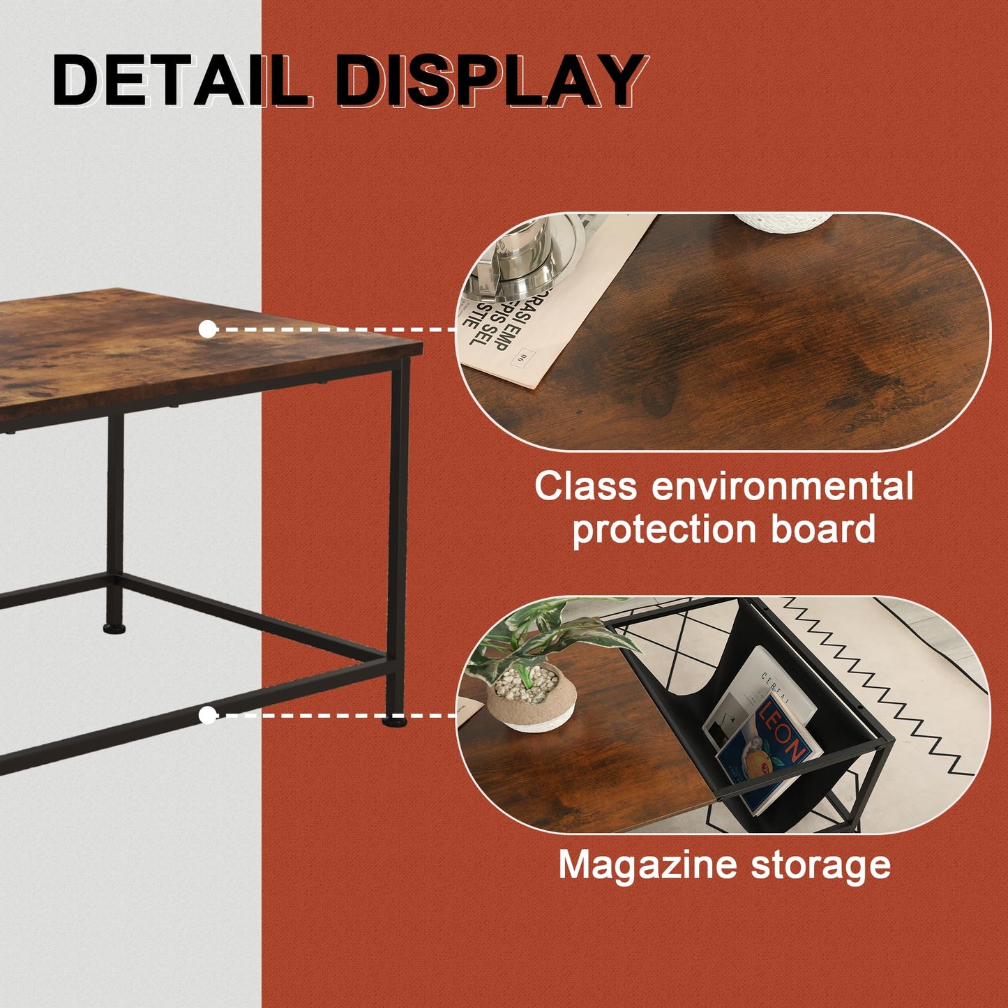 Brown Rectangle Wood and Metal Coffee Table with Storage Shelf for Small Living Rooms