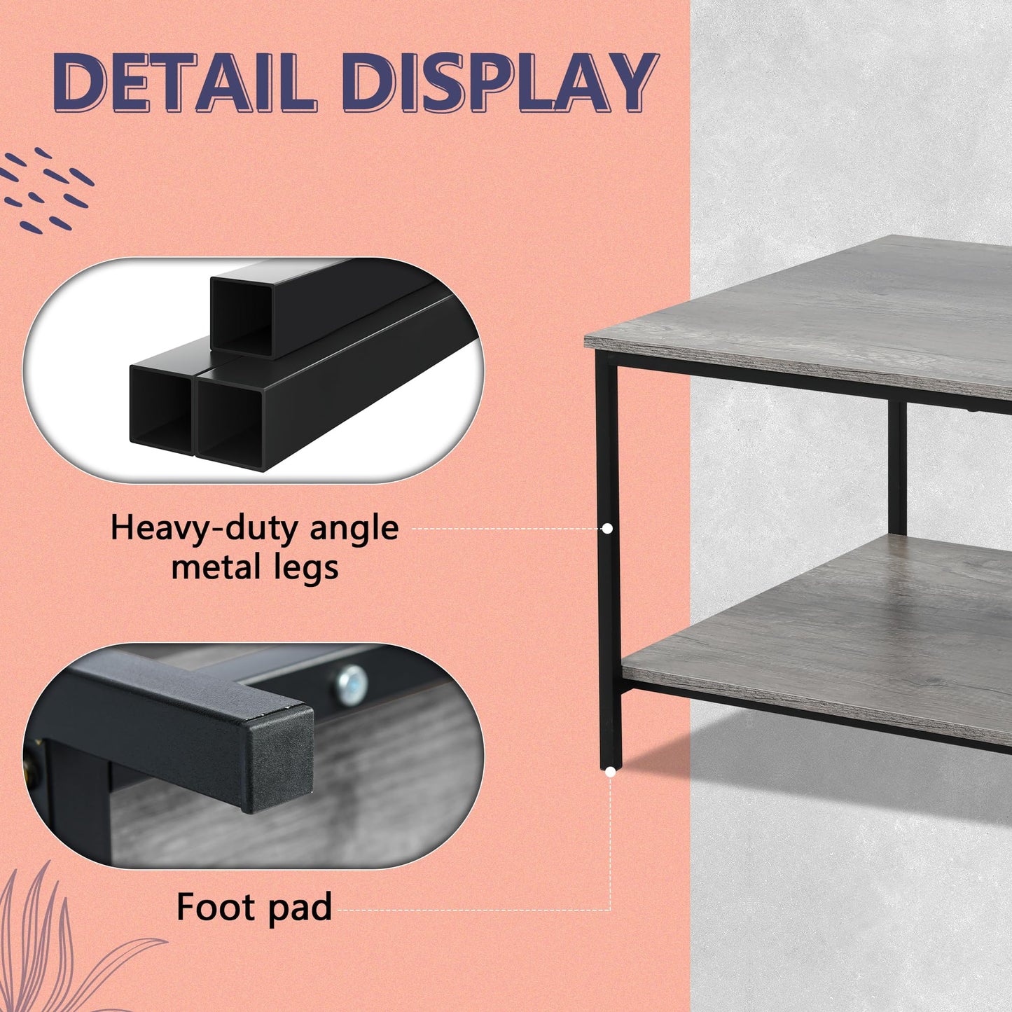 2-Tier Coffee Table with Storage Shelf, Grey Oak Wood and Metal Frame Rectangle Table for Living Room, 39.3"x20"x16"