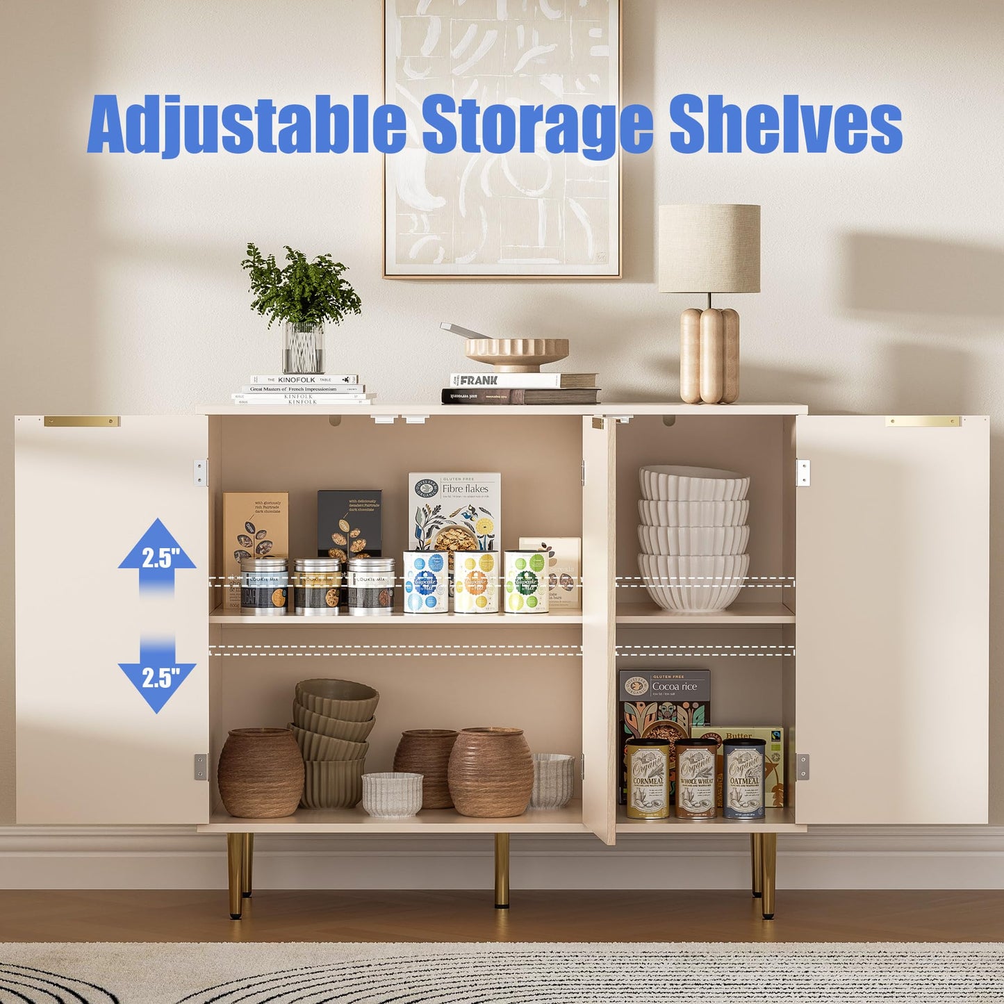 Fluted Sideboard Buffet with 3 Doors and Adjustable Shelves, Modern Kitchen Storage Cabinet with Gold Handles, Coffee Bar for Living Room or Kitchen, Oak