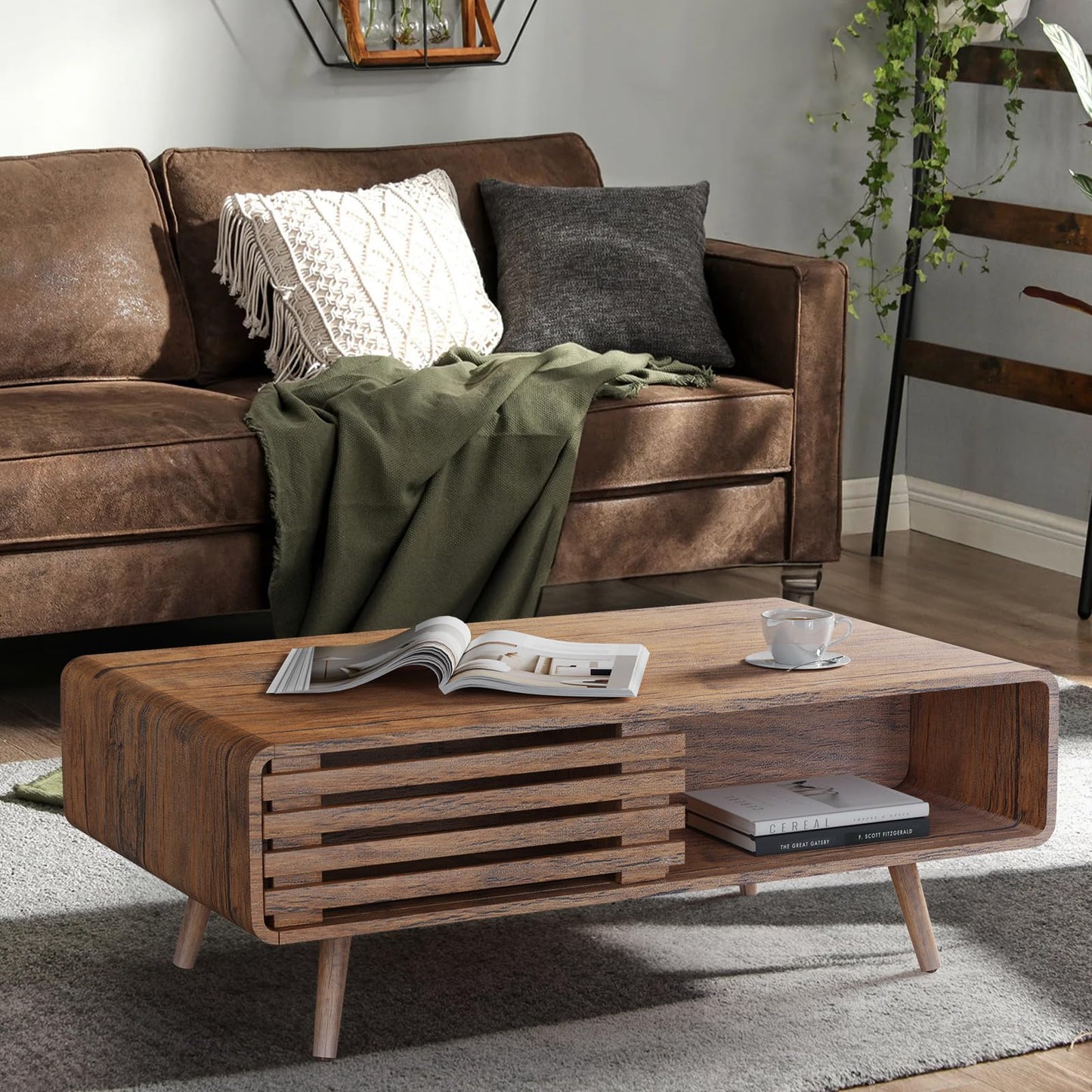 Farmhouse Wood Coffee Table with Storage for Living Room, Easy Assembly, Walnut