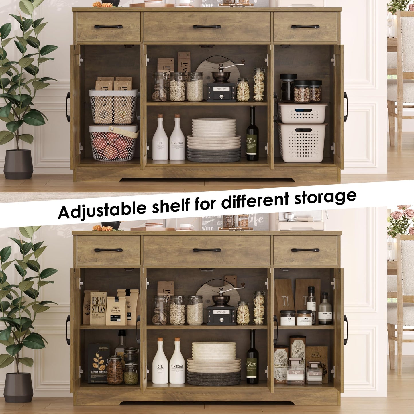 55" Large Buffet Sideboard Cabinet with Drawers, Shelves, and Doors, Modern Farmhouse Coffee Bar Station for Kitchen or Dining Room, Rustic Brown