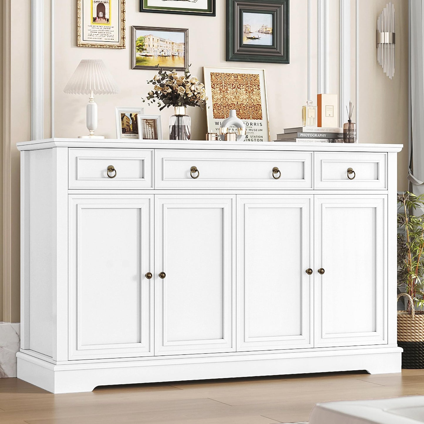 FINETONES 52.7" Large Buffet Cabinet with Storage, Modern Sideboard with 3 Drawers and 4 Doors, Wooden Coffee Bar Cabinet for Kitchen, Dining Room, or Living Room, White