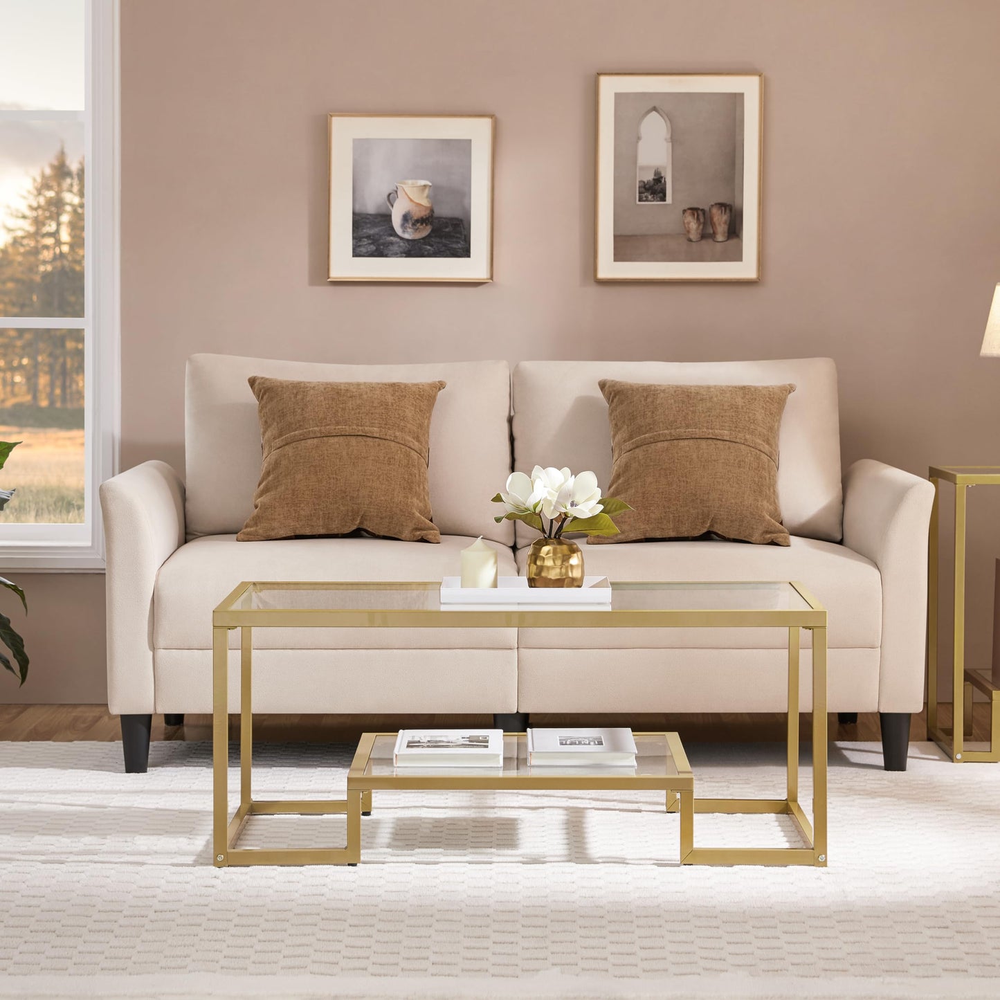 42" Rectangular Glass Coffee Table with Gold Metal Frame, 2-Tier Center Table for Living Room, Office, or Small Spaces