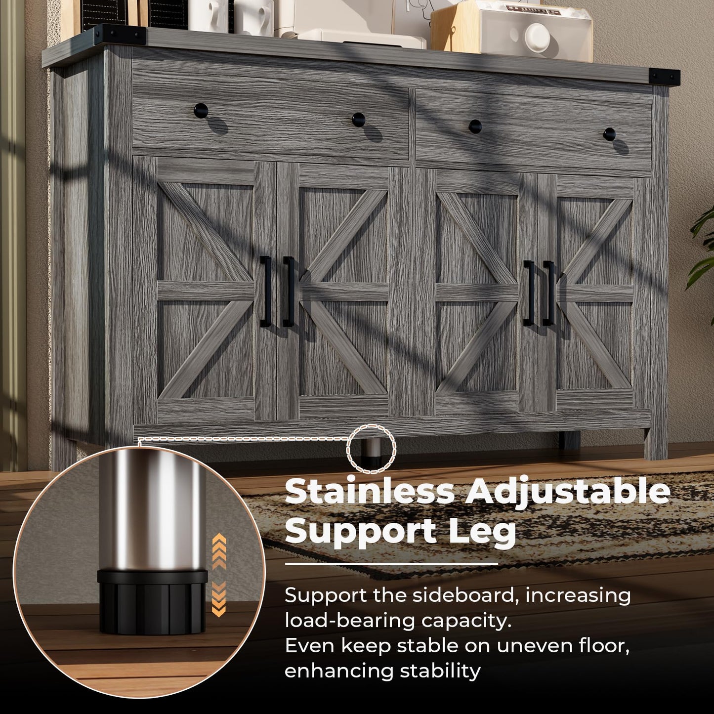 55" Modern Farmhouse Sideboard Buffet Cabinet with Storage, Grey Wood Coffee Bar Cabinet with 2 Drawers & 4 Barn Doors, Long Storage Cabinet for Kitchen, Dining Room & Living Room