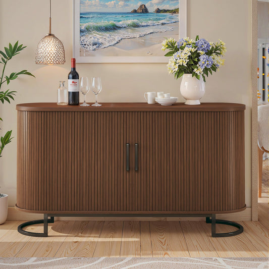 **54.3" Sideboard Buffet Cabinet with Storage, Sliding Door & Adjustable Shelf, Mid-Century Modern Coffee Bar Console Table for Kitchen and Entryway, Walnut**