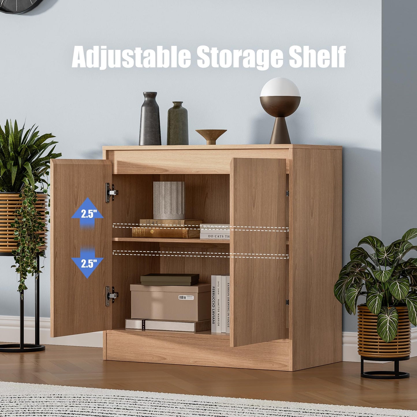 Set of 2 Oak Buffet Cabinets with 4 Doors and Adjustable Shelf, Modern Kitchen Sideboard Coffee Bar for Living Room or Kitchen