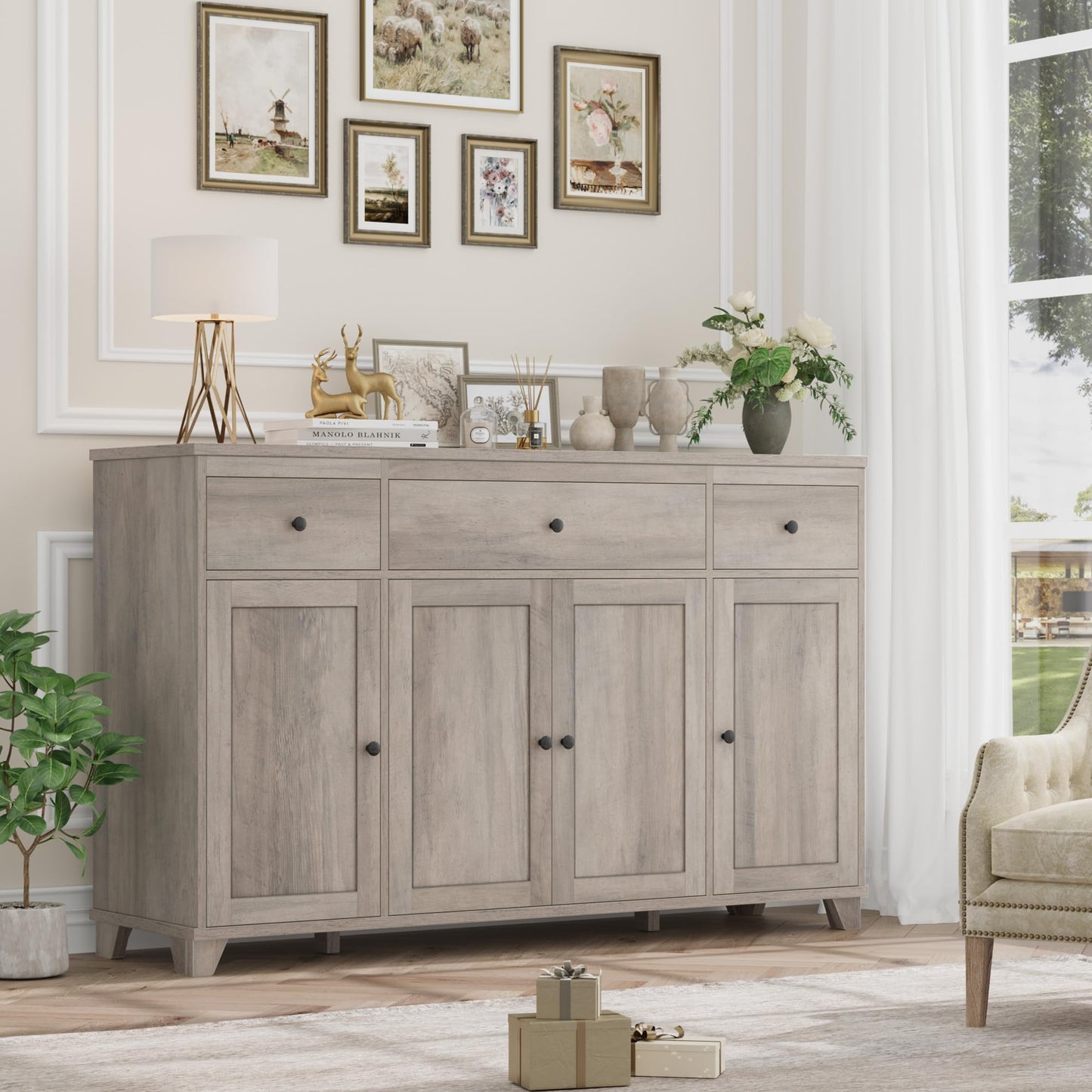 **HIFIT 55" Large Kitchen Buffet Cabinet with Storage, Farmhouse Sideboard with Drawers, Doors, and Shelves, Wood Coffee Bar for Kitchen, Dining, or Living Room, Ash Grey**