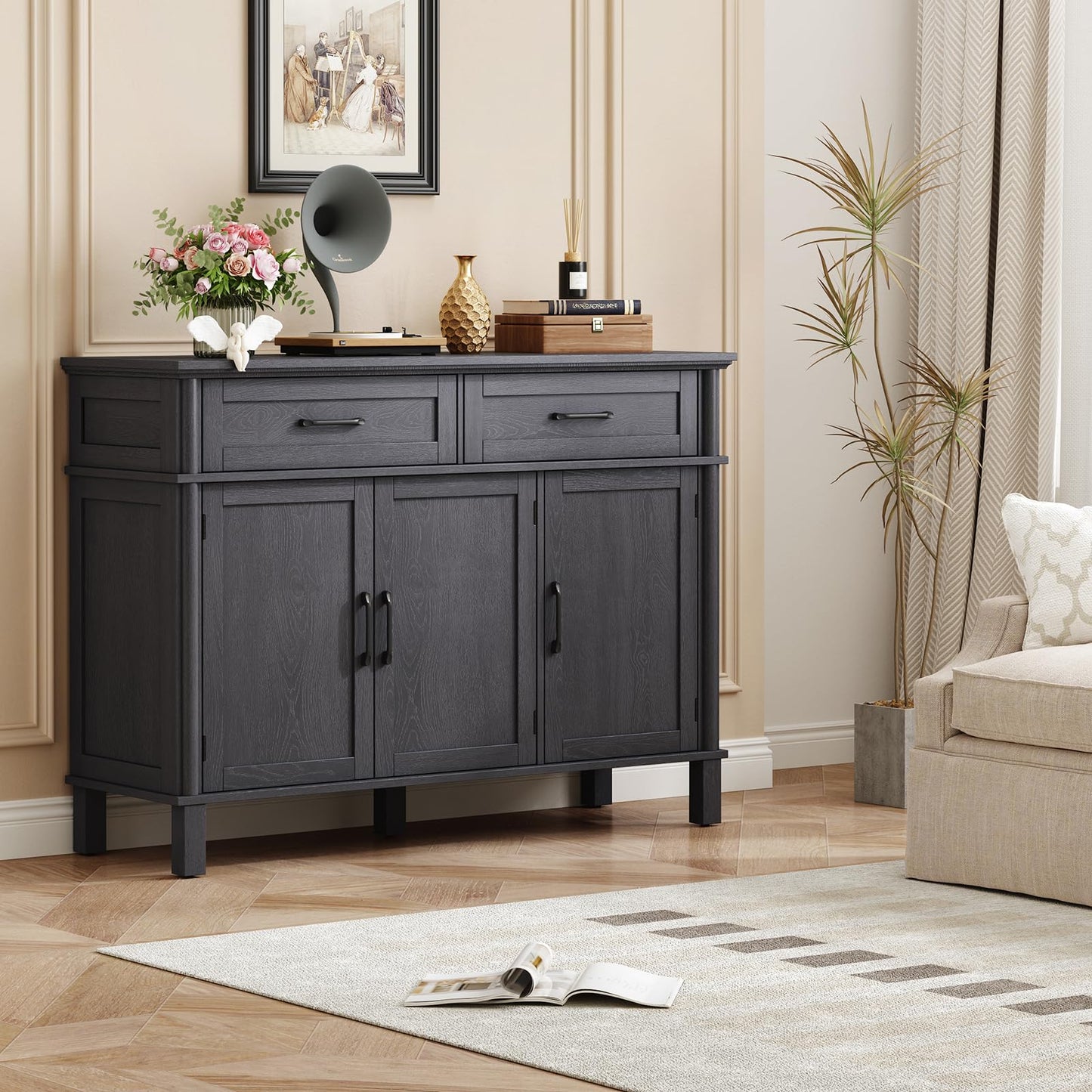 48" Farmhouse Buffet Sideboard Cabinet with 2 Drawers and 3 Doors, Wood Coffee Bar Cabinet with Adjustable Shelves for Kitchen or Living Room, Black