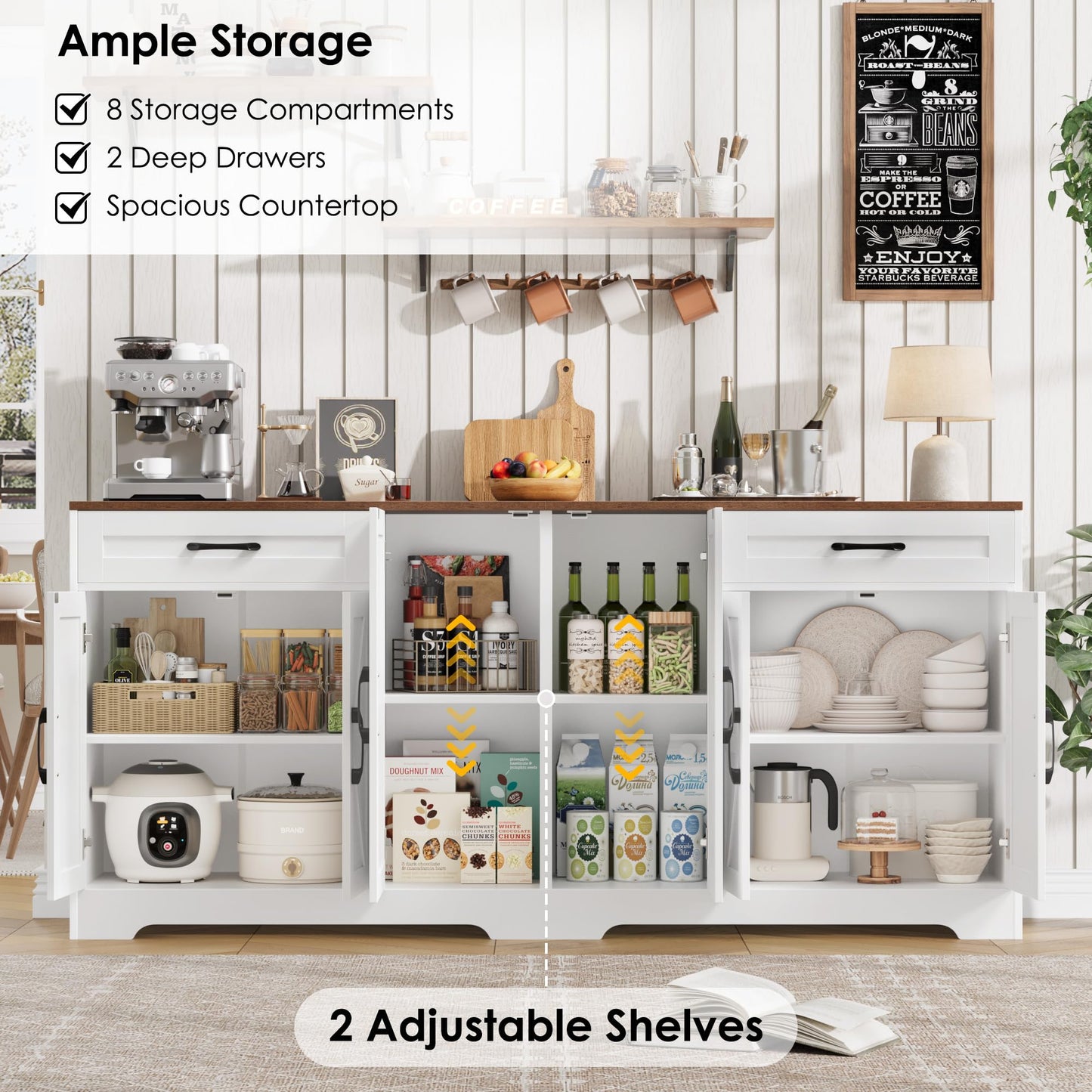 **YGEOMER Farmhouse Buffet Cabinet Sideboard with 3 Drawers and 2 Doors, Wood Coffee Bar Storage Cabinet for Kitchen or Dining Room**