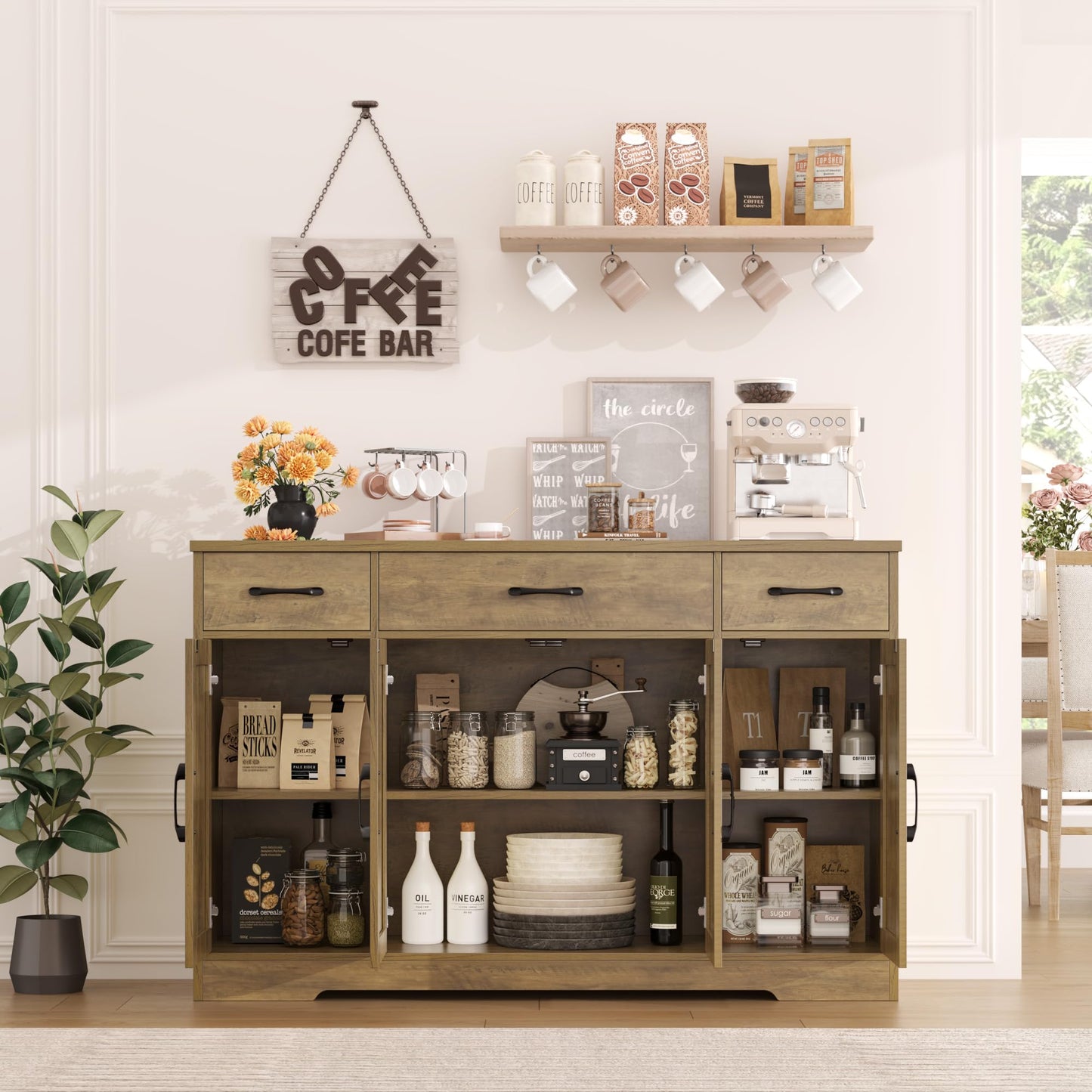 55" Large Buffet Sideboard Cabinet with Drawers, Shelves, and Doors, Modern Farmhouse Coffee Bar Station for Kitchen or Dining Room, Rustic Brown